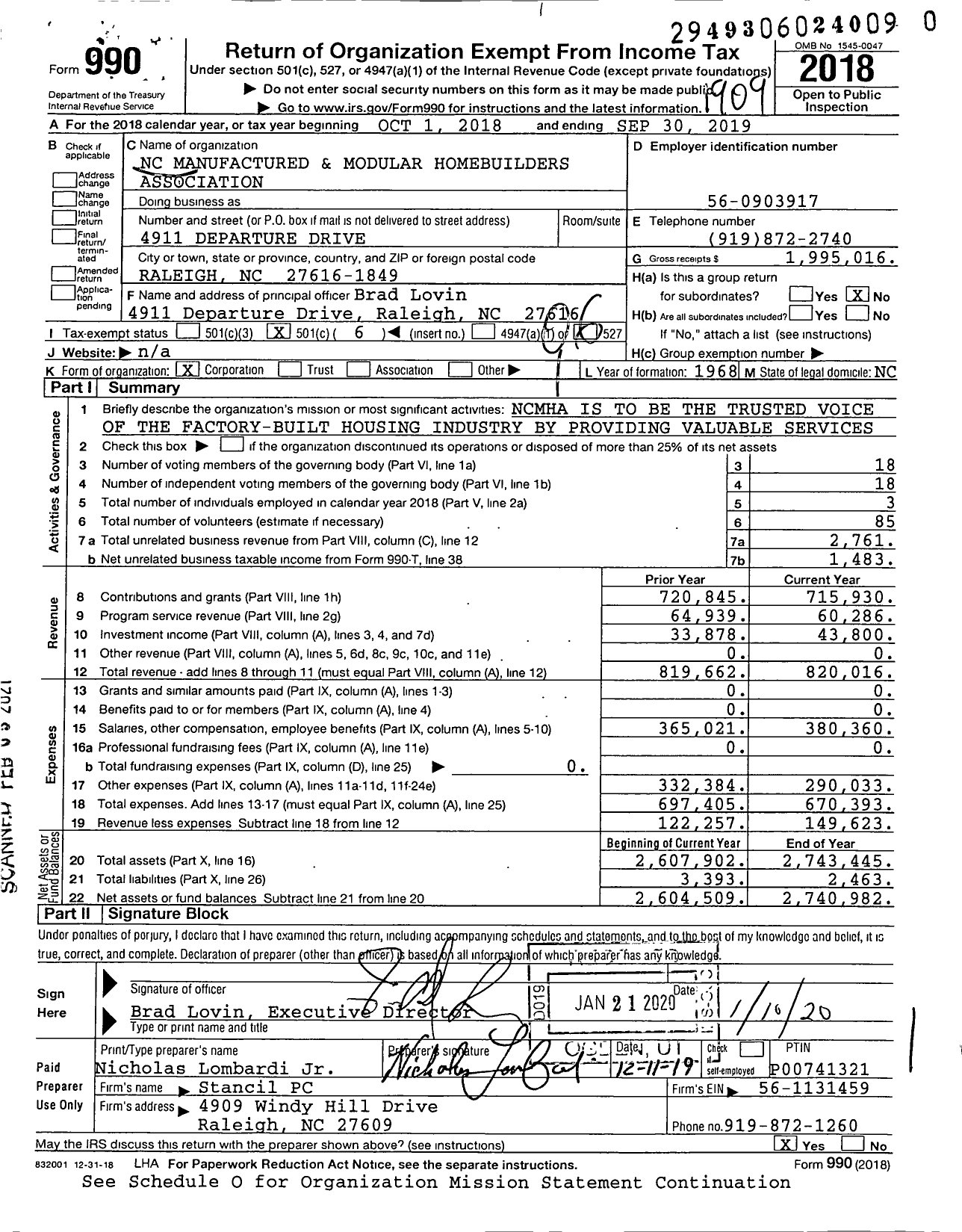 Image of first page of 2018 Form 990O for North Carolina Manufactured and Modular Homebuilders Association