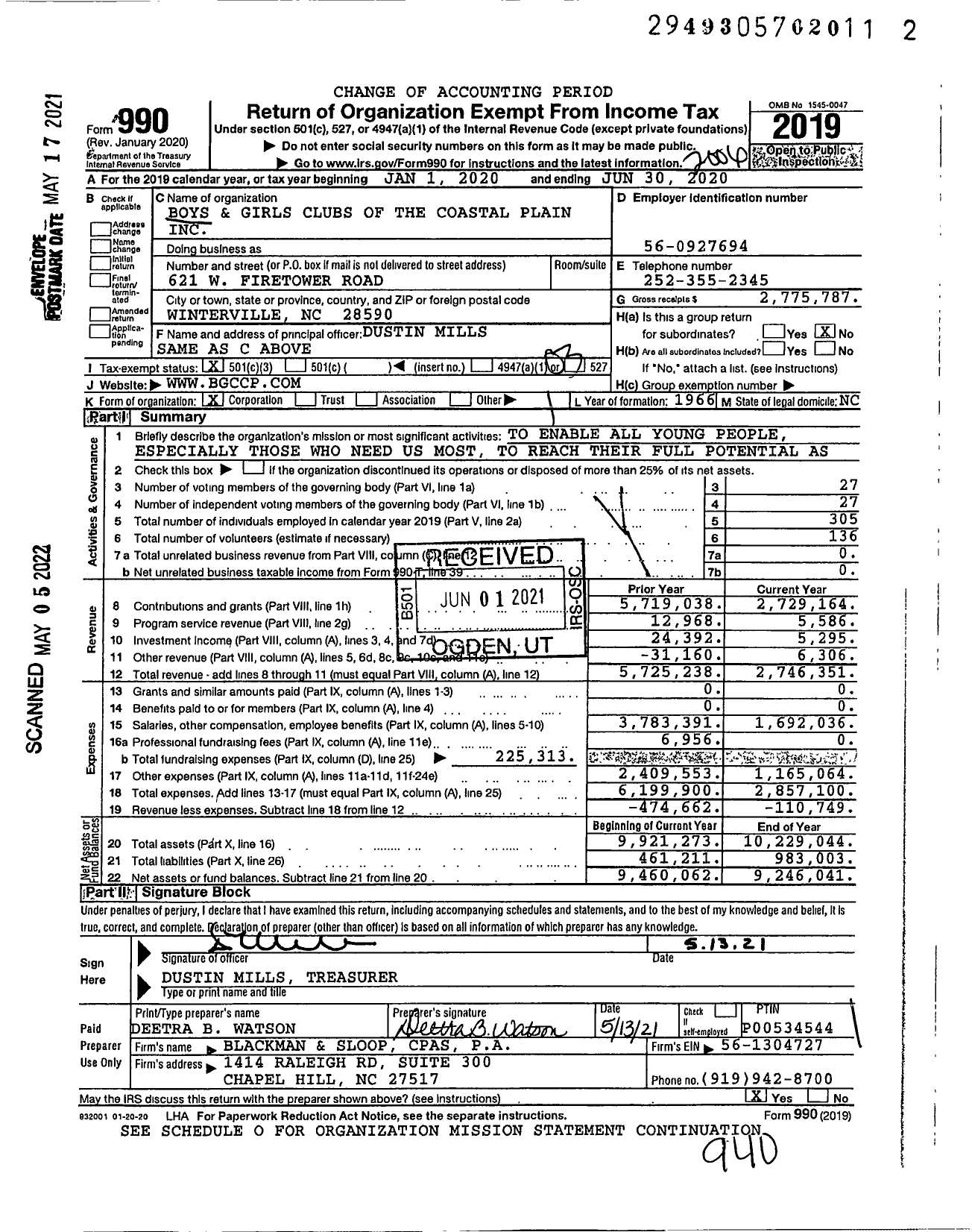 Image of first page of 2019 Form 990 for Boys and Girls Clubs of the Coastal Plain