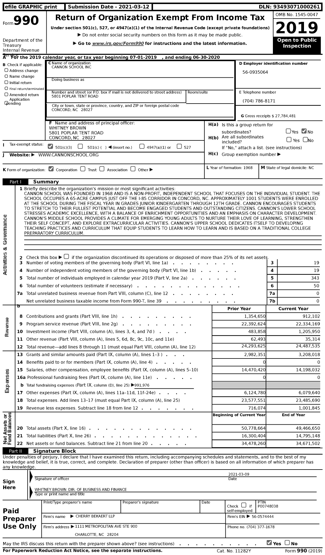Image of first page of 2019 Form 990 for Cannon School