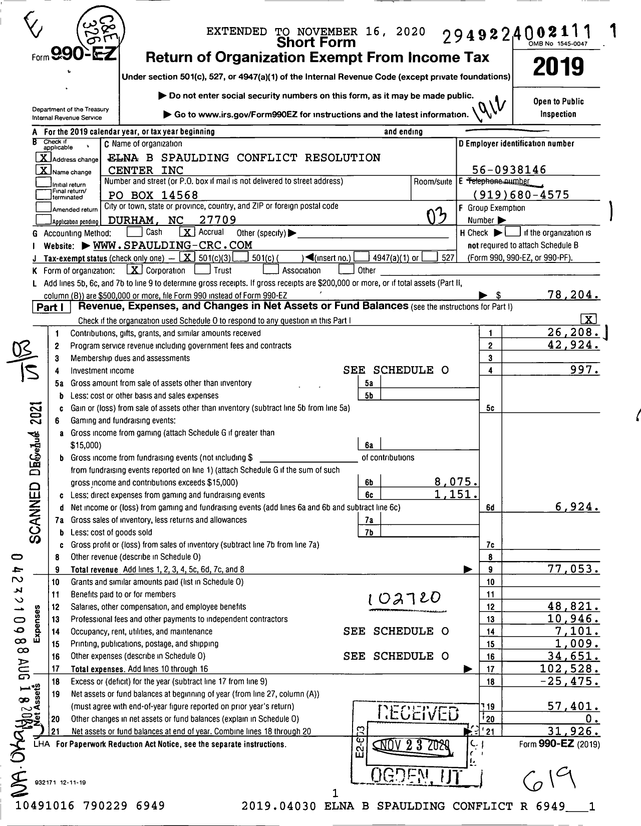 Image of first page of 2019 Form 990EZ for Elna B Spaulding Conflict Resolution Center