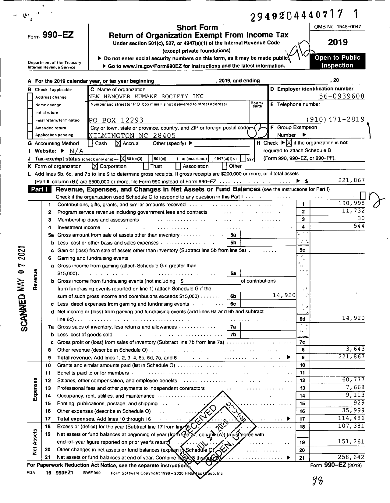 Image of first page of 2019 Form 990EZ for New Hanover Humane Society