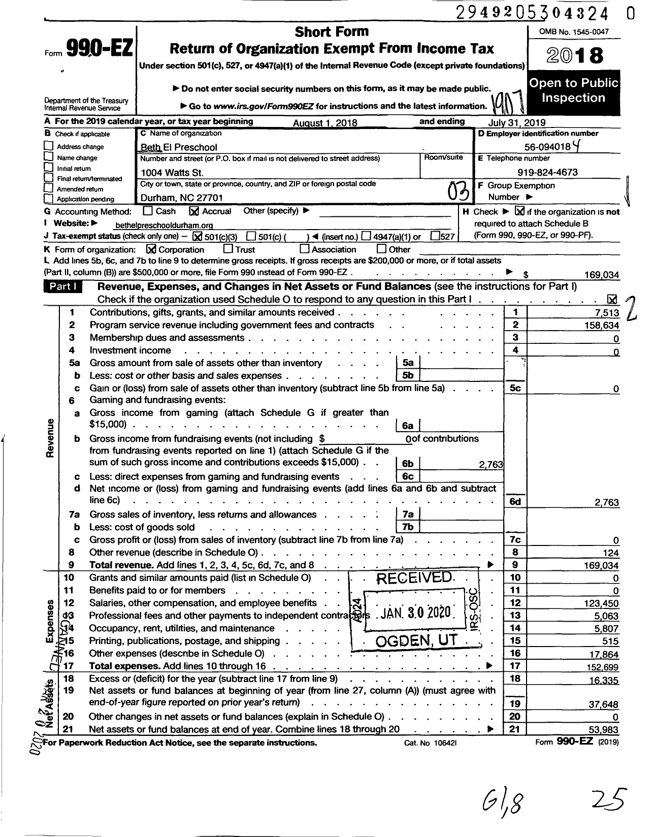 Image of first page of 2018 Form 990EZ for Beth El Preschool