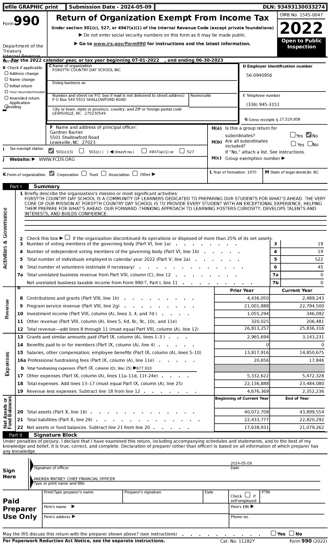 Image of first page of 2022 Form 990 for Forsyth Country Day School