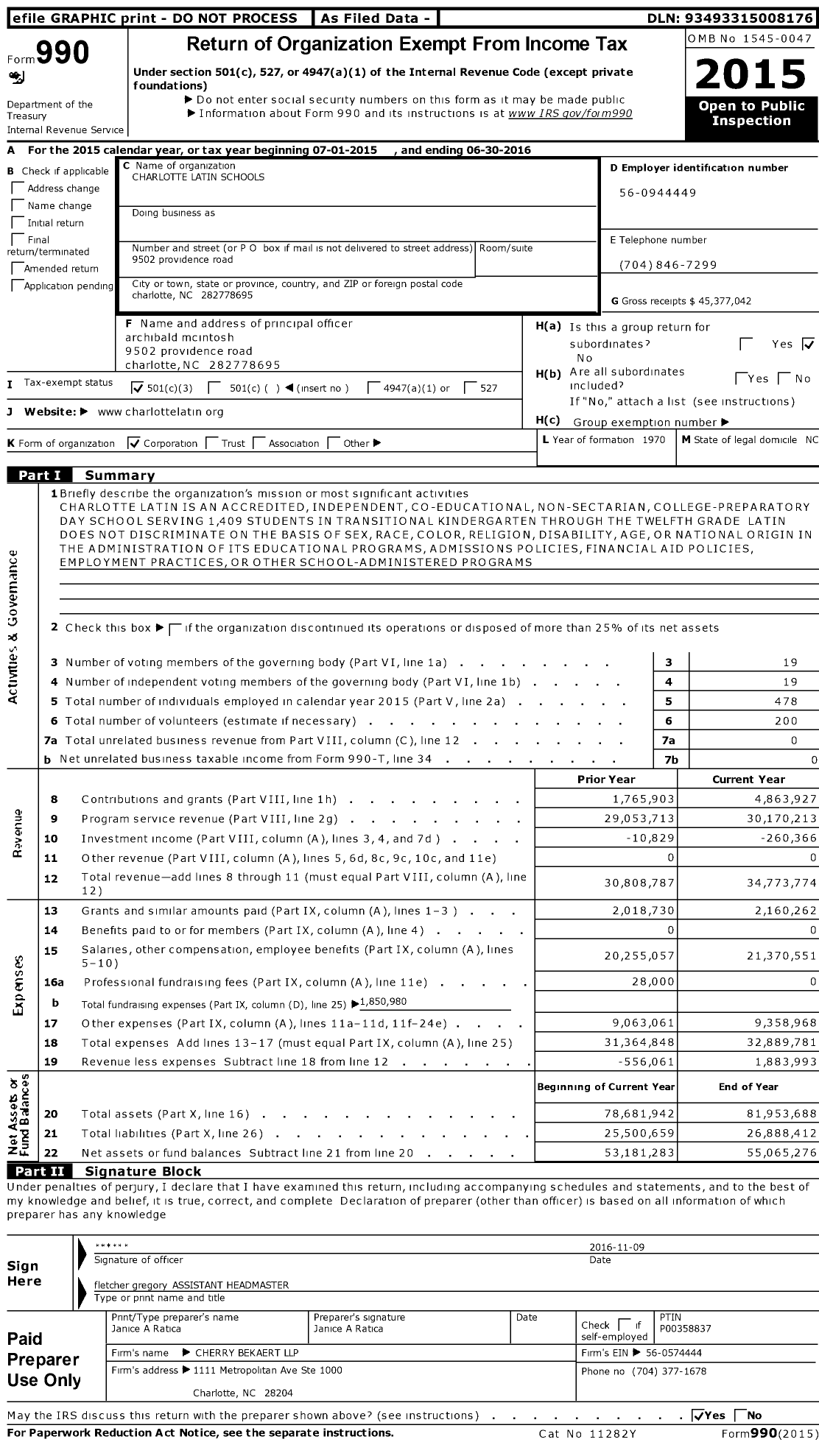 Image of first page of 2015 Form 990 for Charlotte Latin Schools