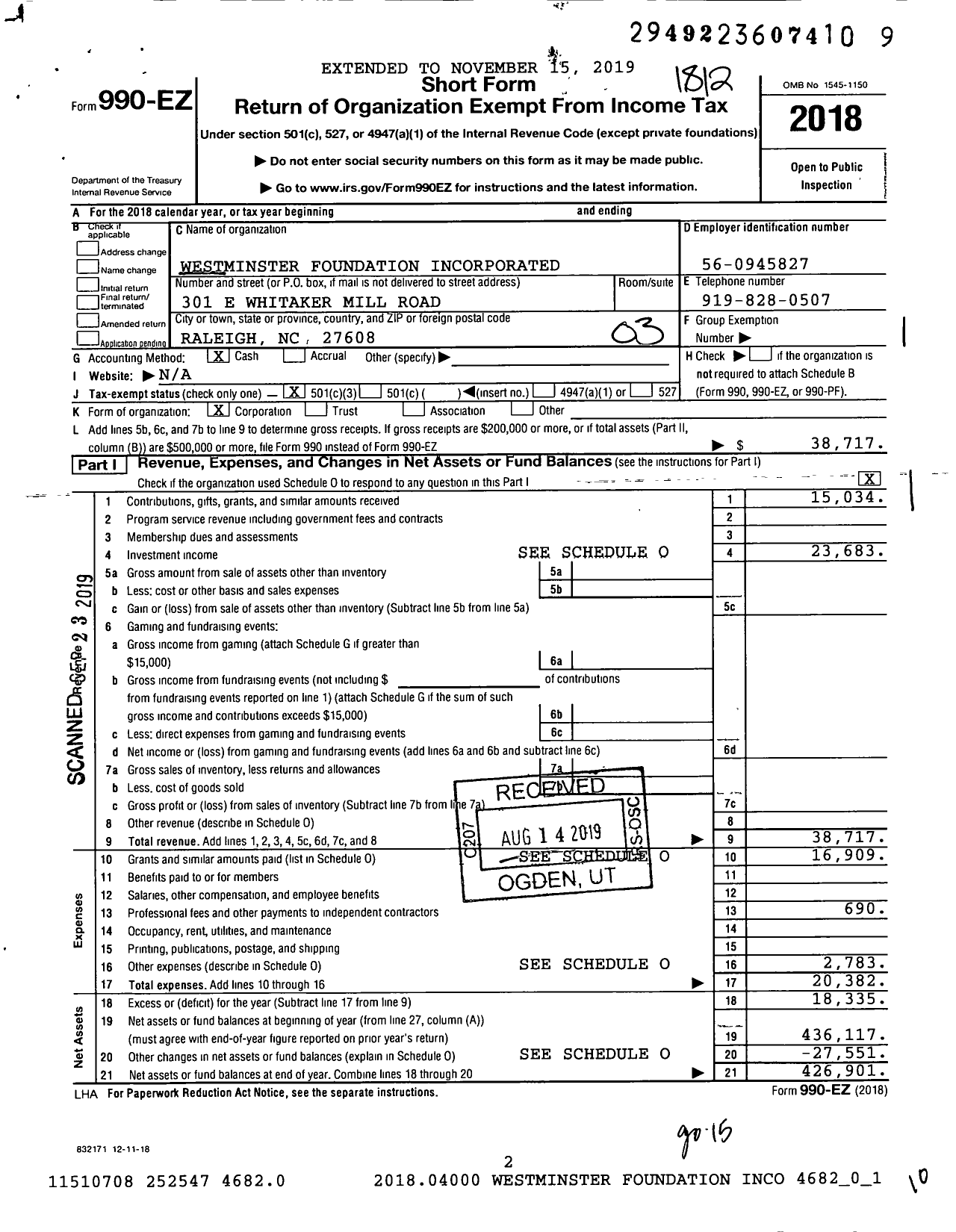 Image of first page of 2018 Form 990EZ for Westminster Foundation Incorporated