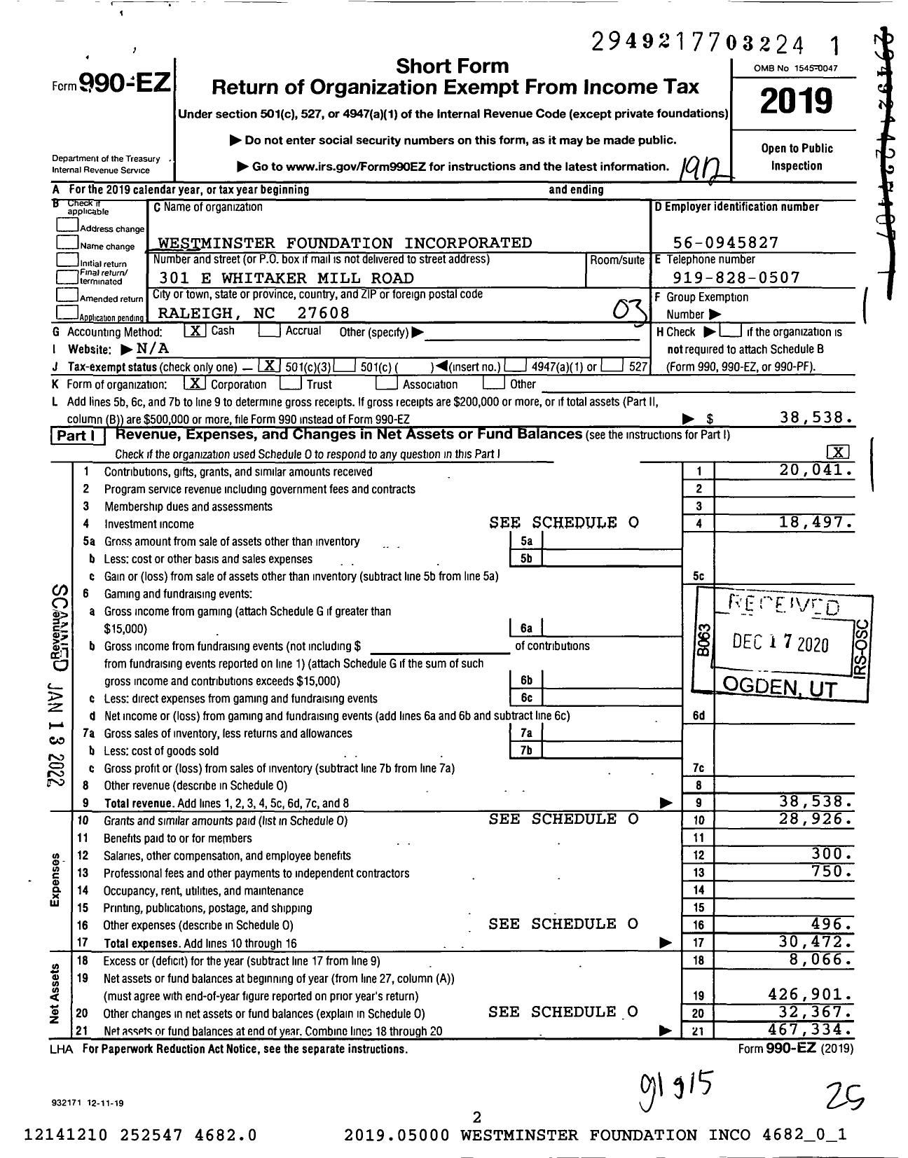 Image of first page of 2019 Form 990EZ for Westminster Foundation Incorporated