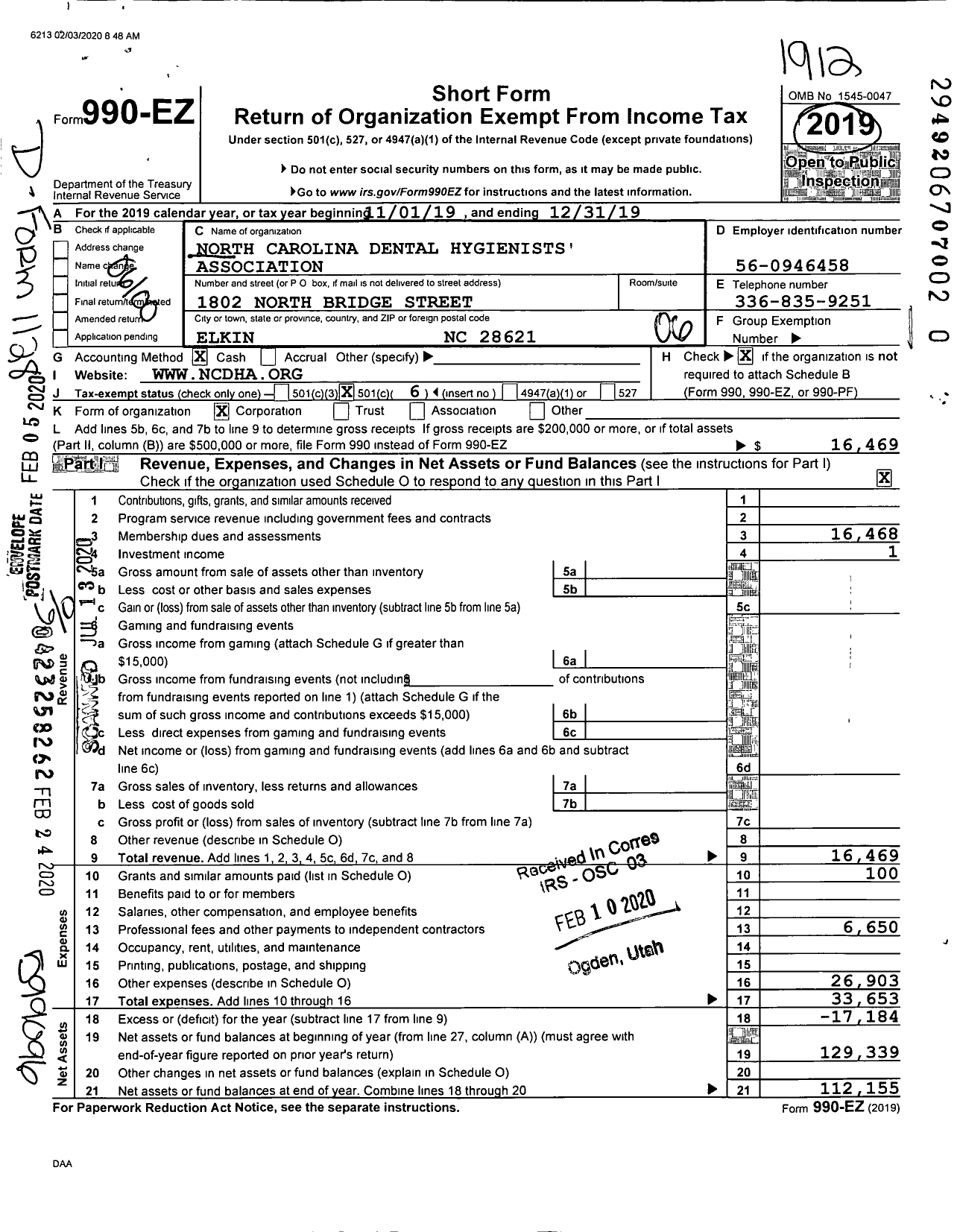 Image of first page of 2019 Form 990EO for North Carolina Dental Hygienists' Association