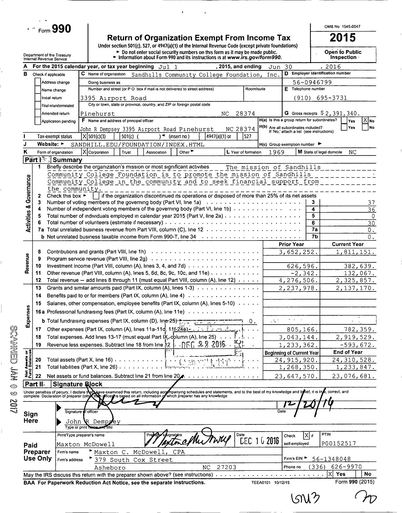 Image of first page of 2015 Form 990 for Sandhills Community College Foundation