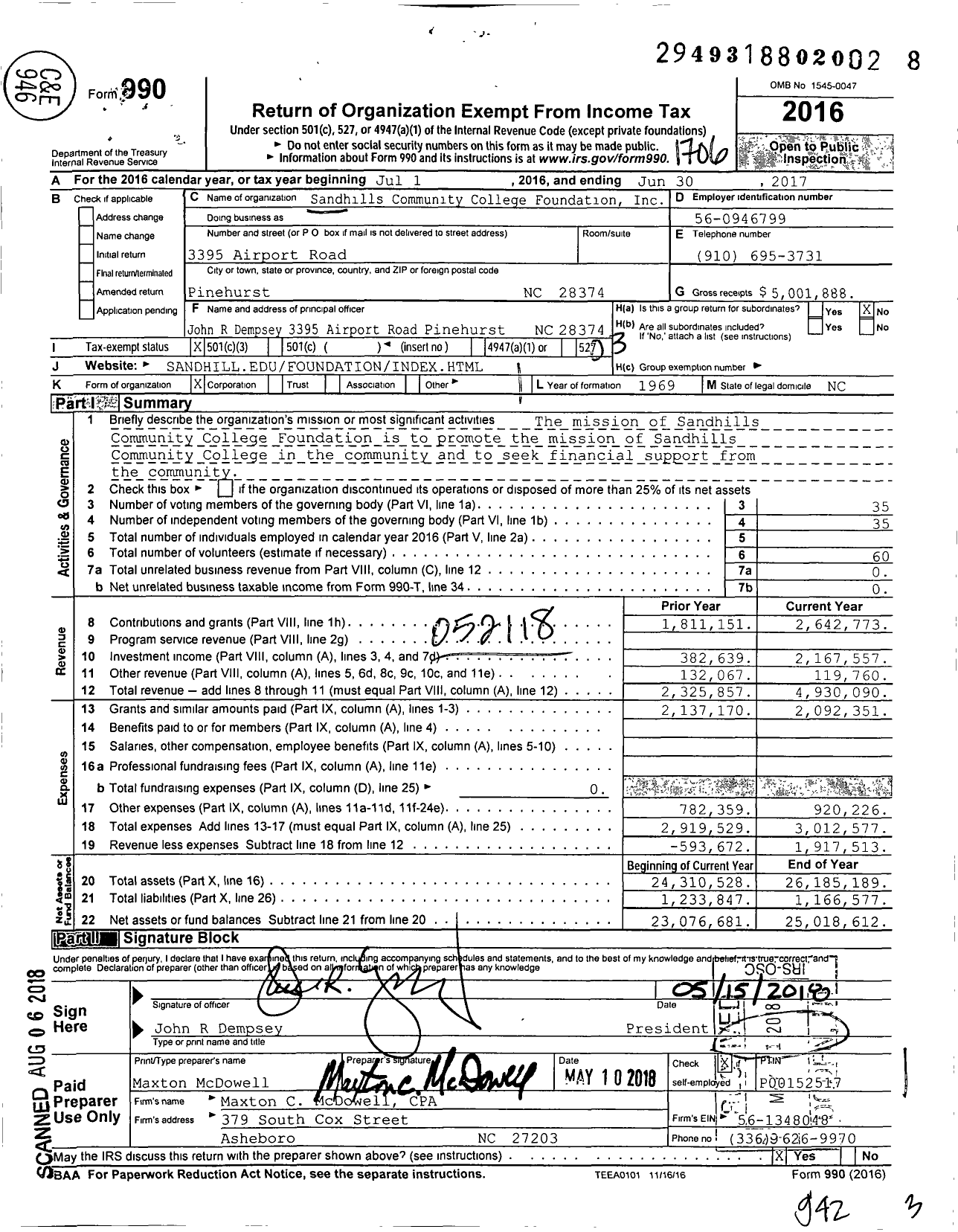 Image of first page of 2016 Form 990 for Sandhills Community College Foundation