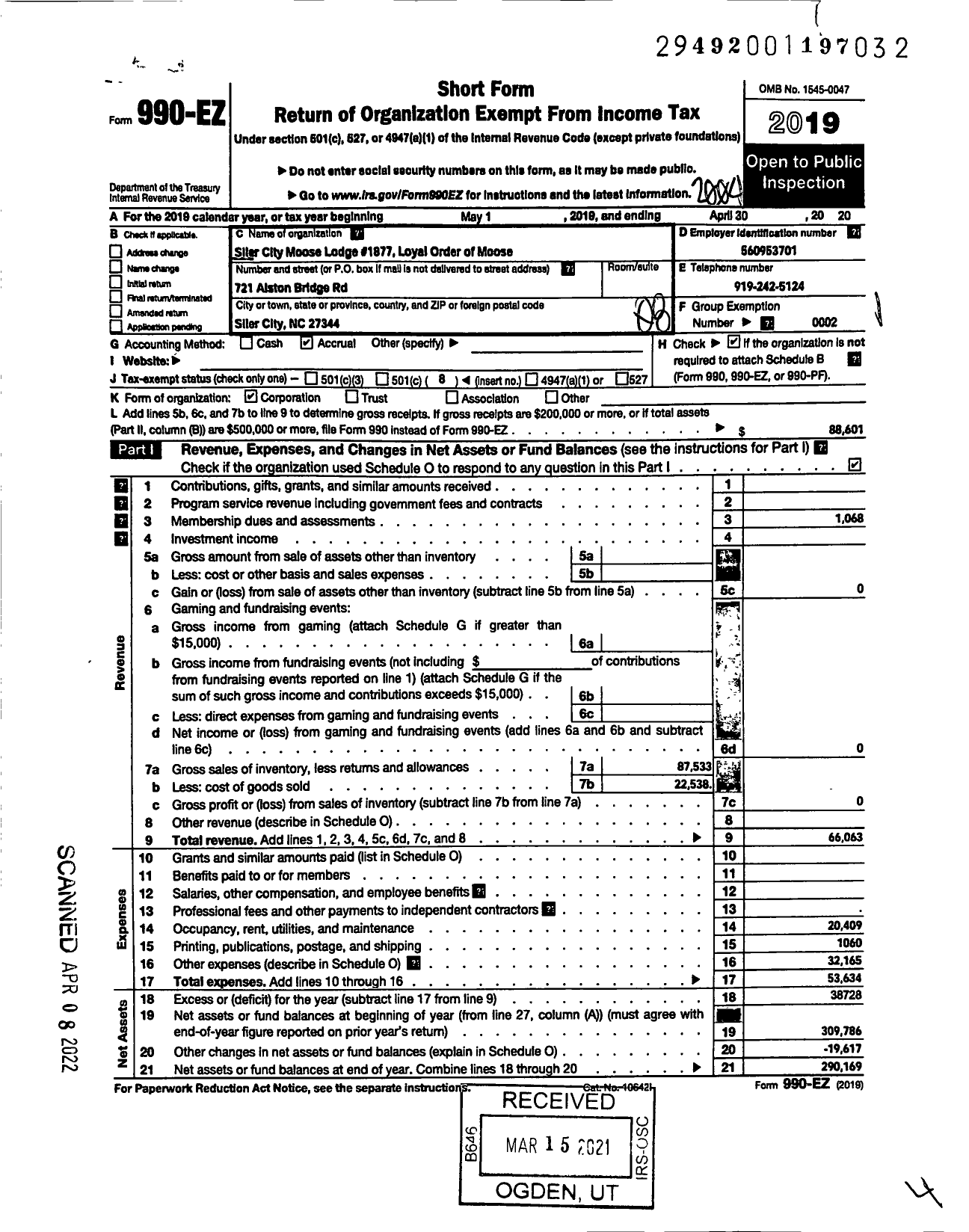 Image of first page of 2019 Form 990EO for Loyal Order of Moose - 1877