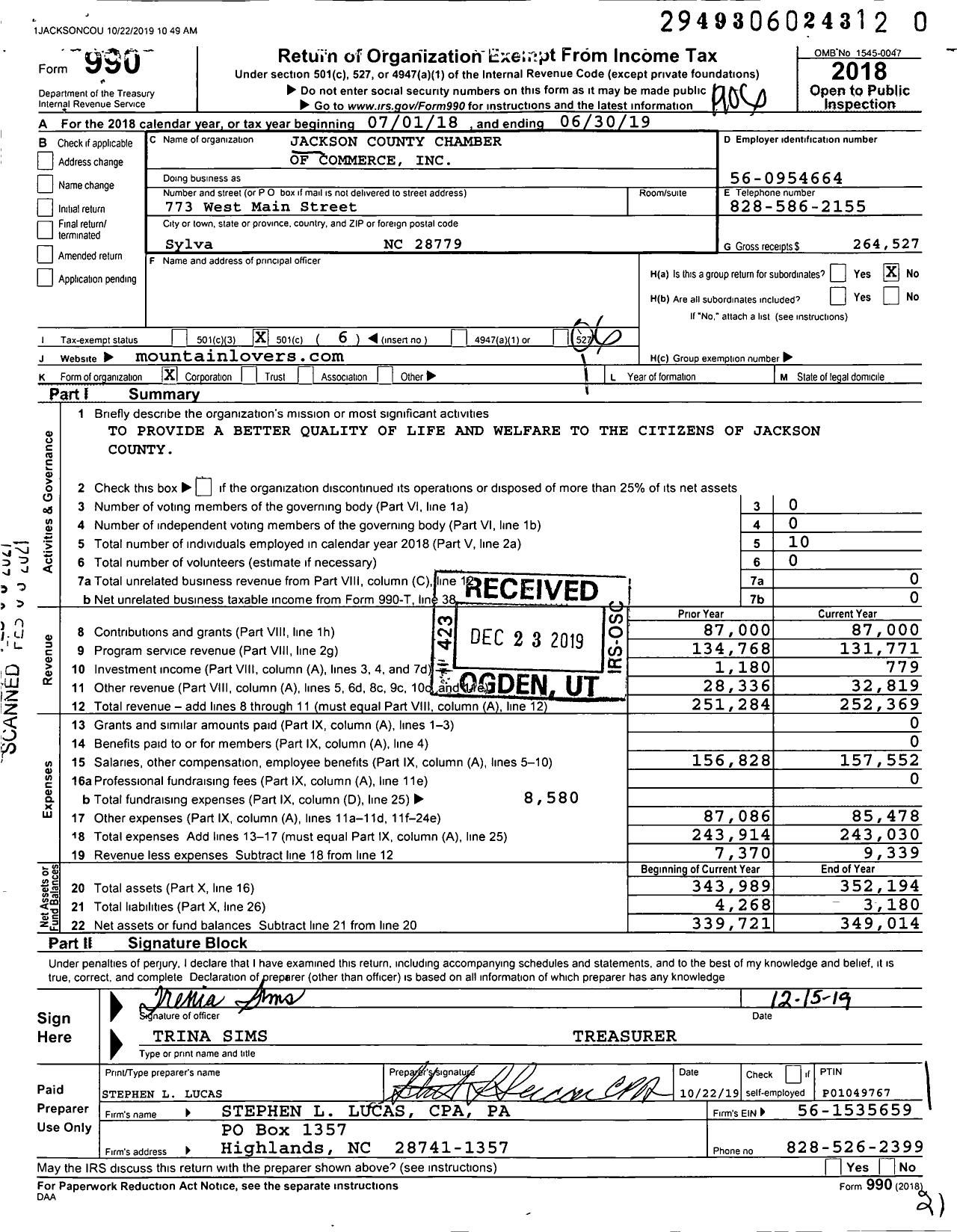 Image of first page of 2018 Form 990O for Jackson County Chamber of Commerce