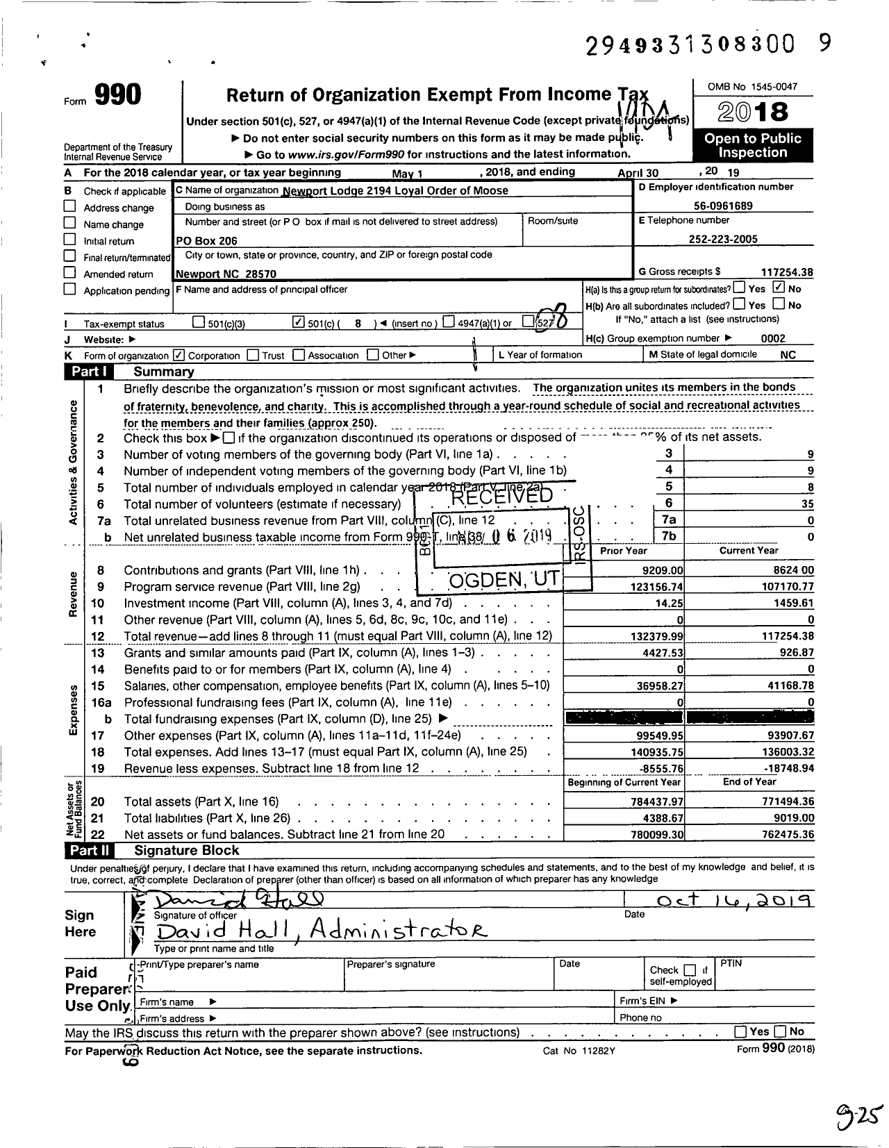 Image of first page of 2018 Form 990O for Loyal Order of Moose - 2194