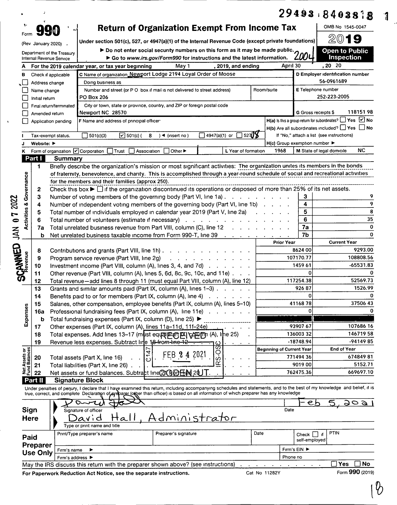 Image of first page of 2019 Form 990O for Loyal Order of Moose - 2194