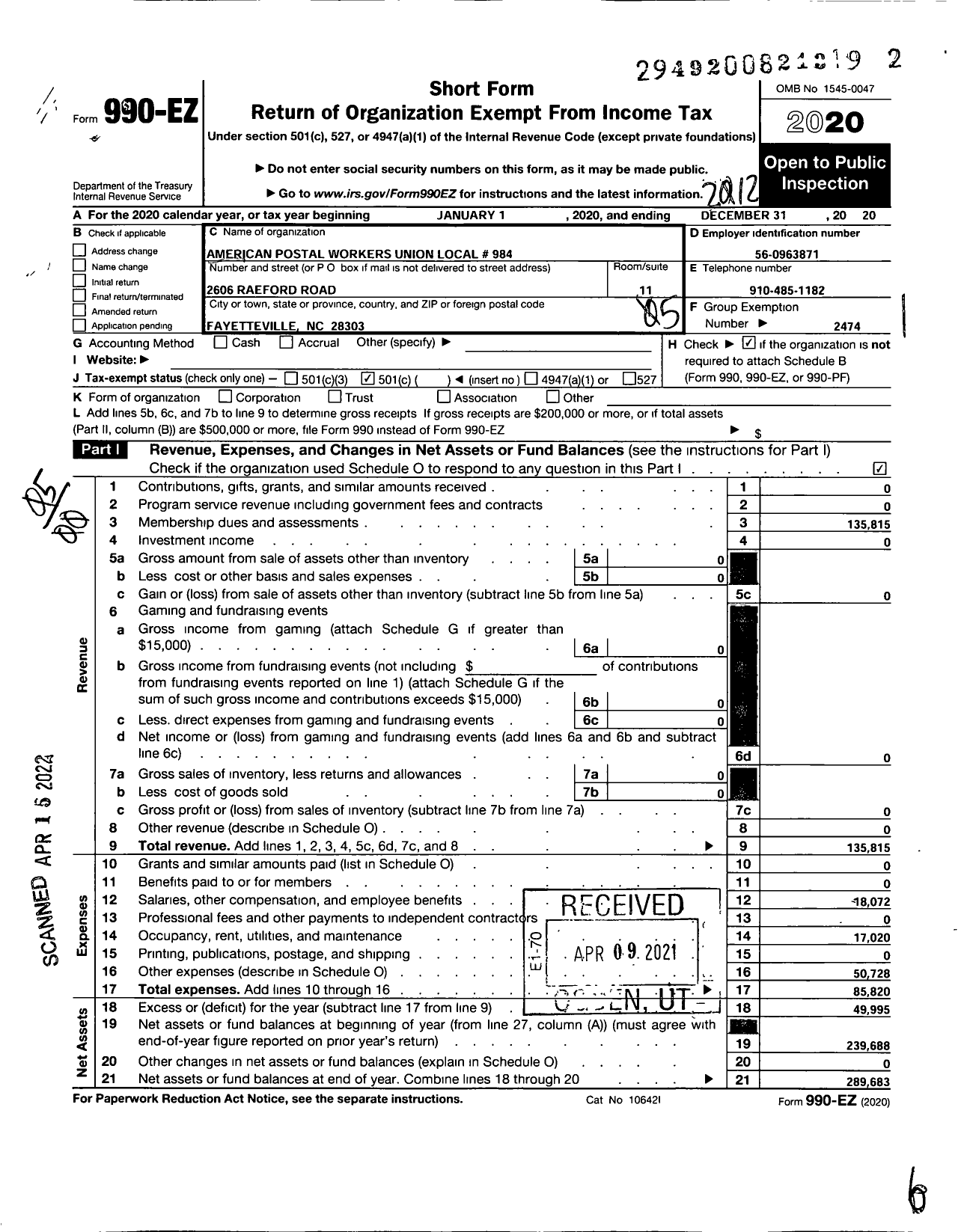 Image of first page of 2020 Form 990EO for American Postal Workers Union - 984 Fayetteville Area Local