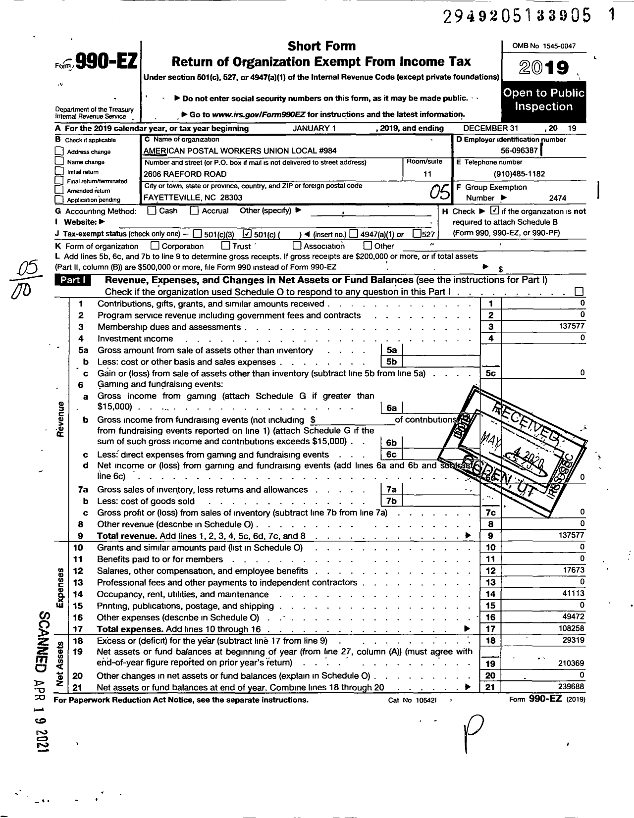 Image of first page of 2019 Form 990EO for American Postal Workers Union - 984 Fayetteville Area Local