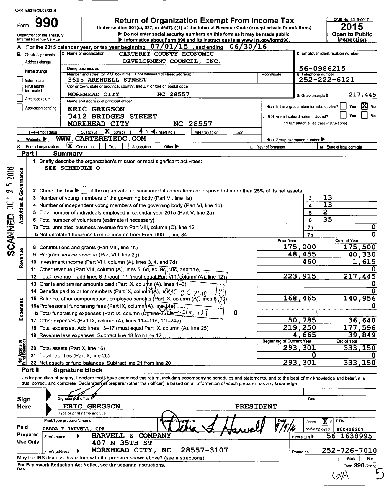 Image of first page of 2015 Form 990O for Carteret County Economic Development Council