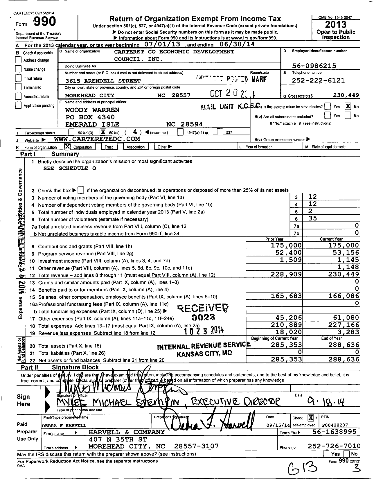 Image of first page of 2013 Form 990O for Carteret County Economic Development Council