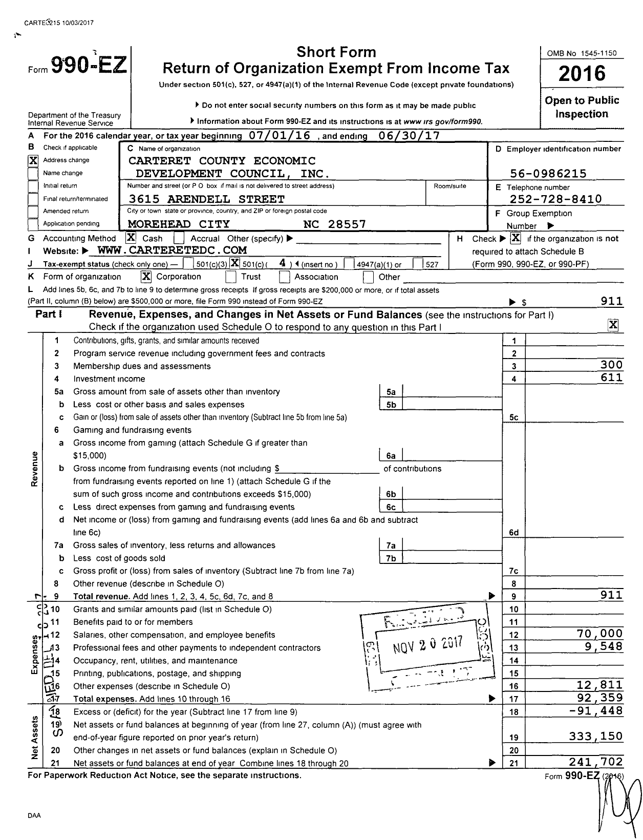 Image of first page of 2016 Form 990EO for Carteret County Economic Development Council