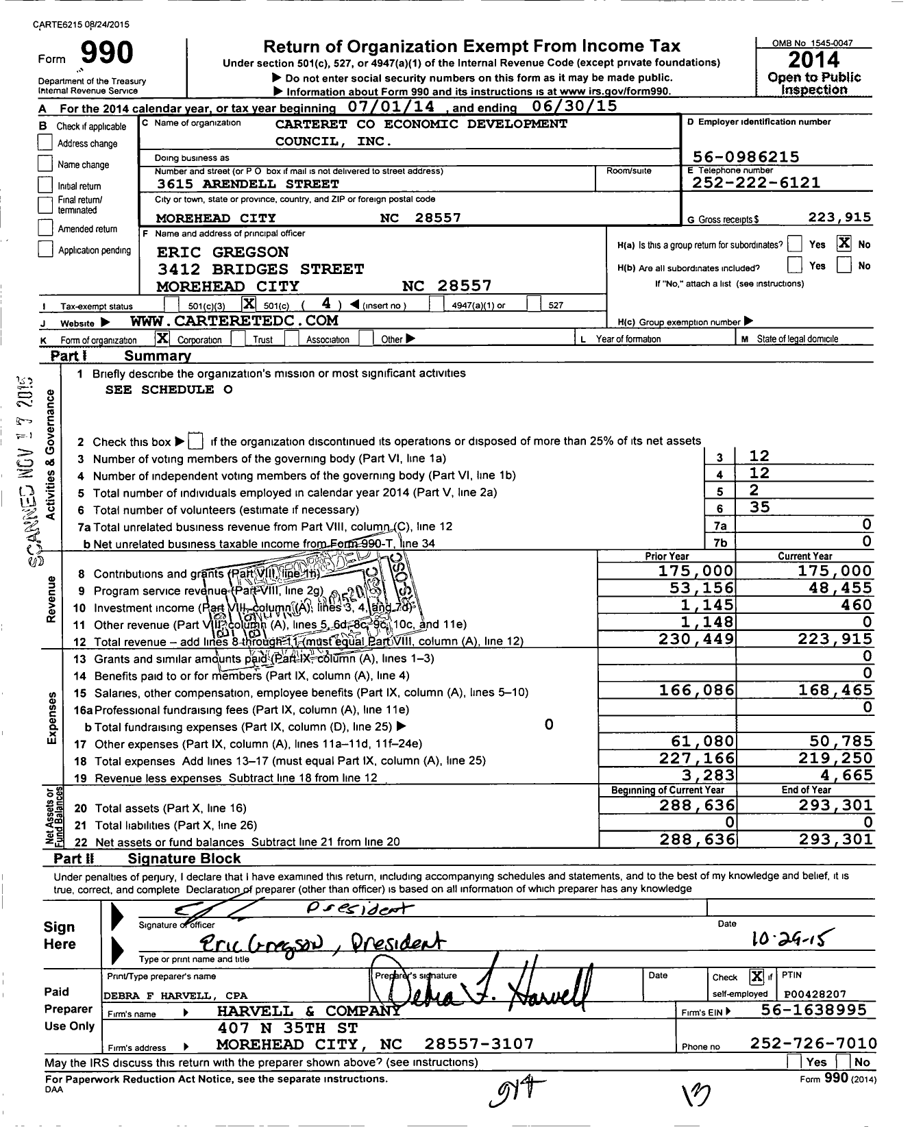 Image of first page of 2014 Form 990O for Carteret County Economic Development Council