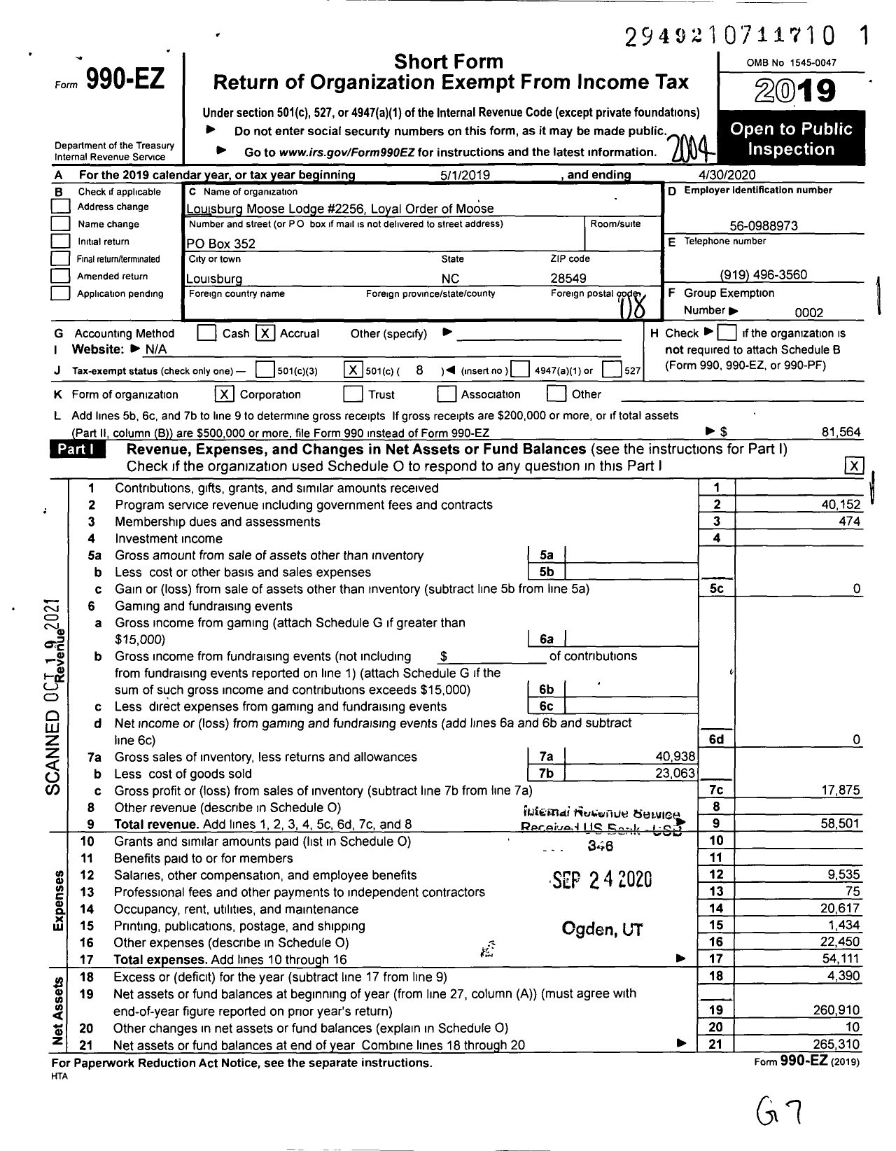 Image of first page of 2019 Form 990EO for Loyal Order of Moose - 2256