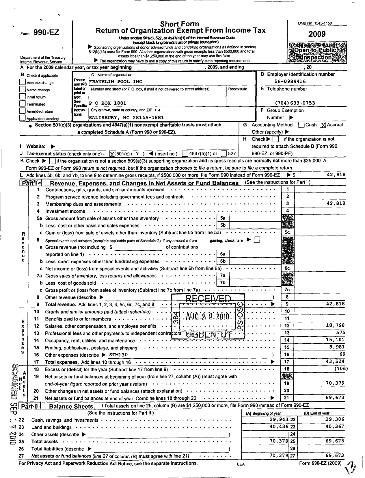 Image of first page of 2009 Form 990EO for Franklin Pool