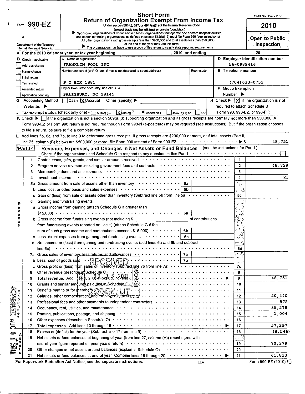 Image of first page of 2010 Form 990EO for Franklin Pool