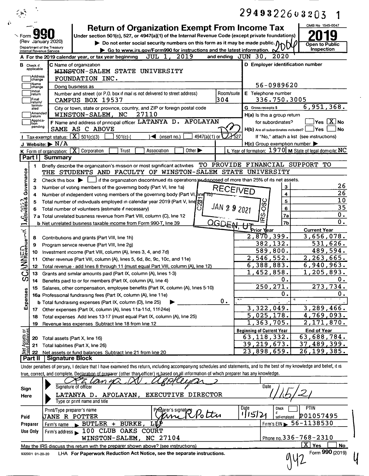 Image of first page of 2019 Form 990 for Winston-Salem State University Foundation (WSSU)