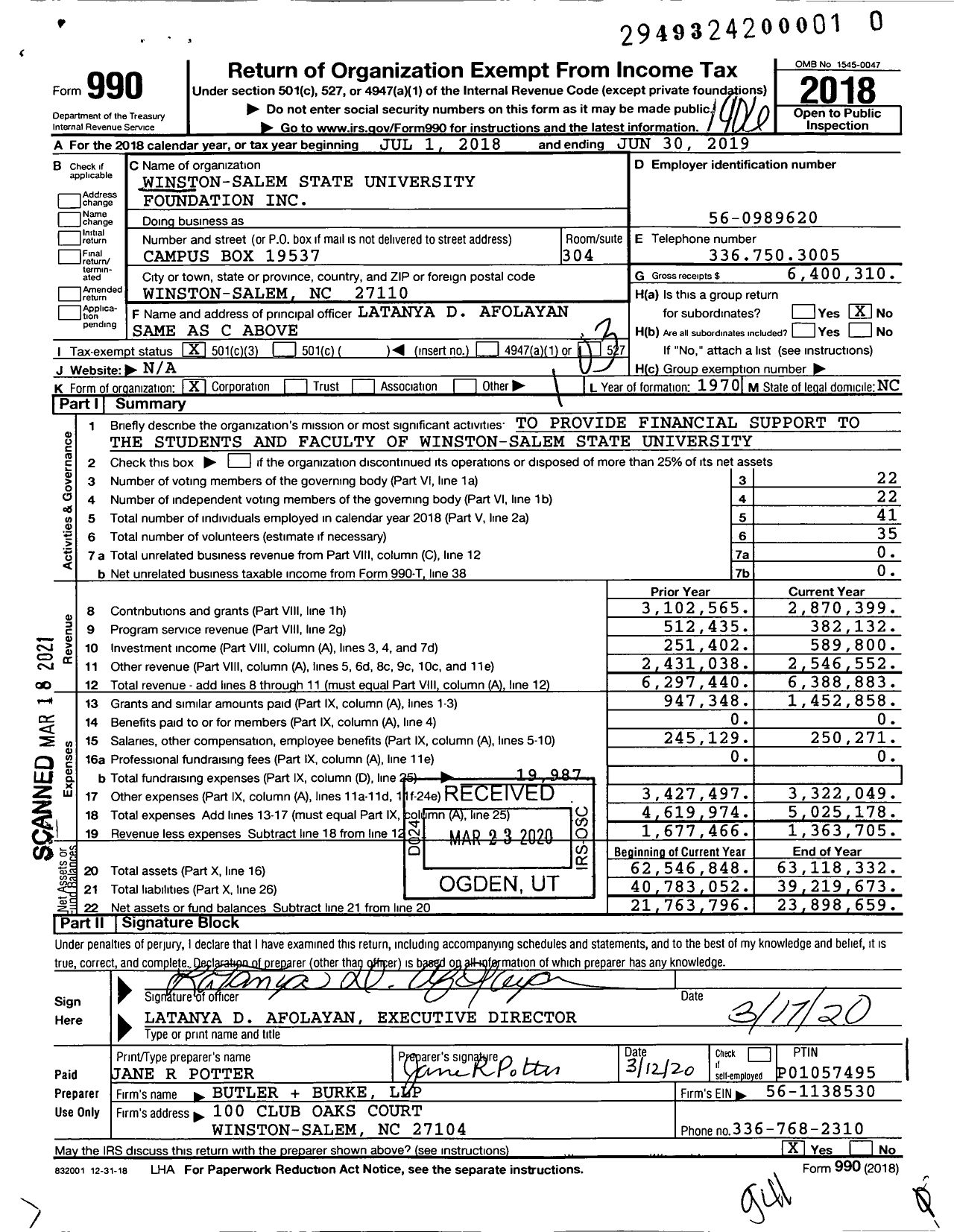 Image of first page of 2018 Form 990 for Winston-Salem State University Foundation (WSSU)