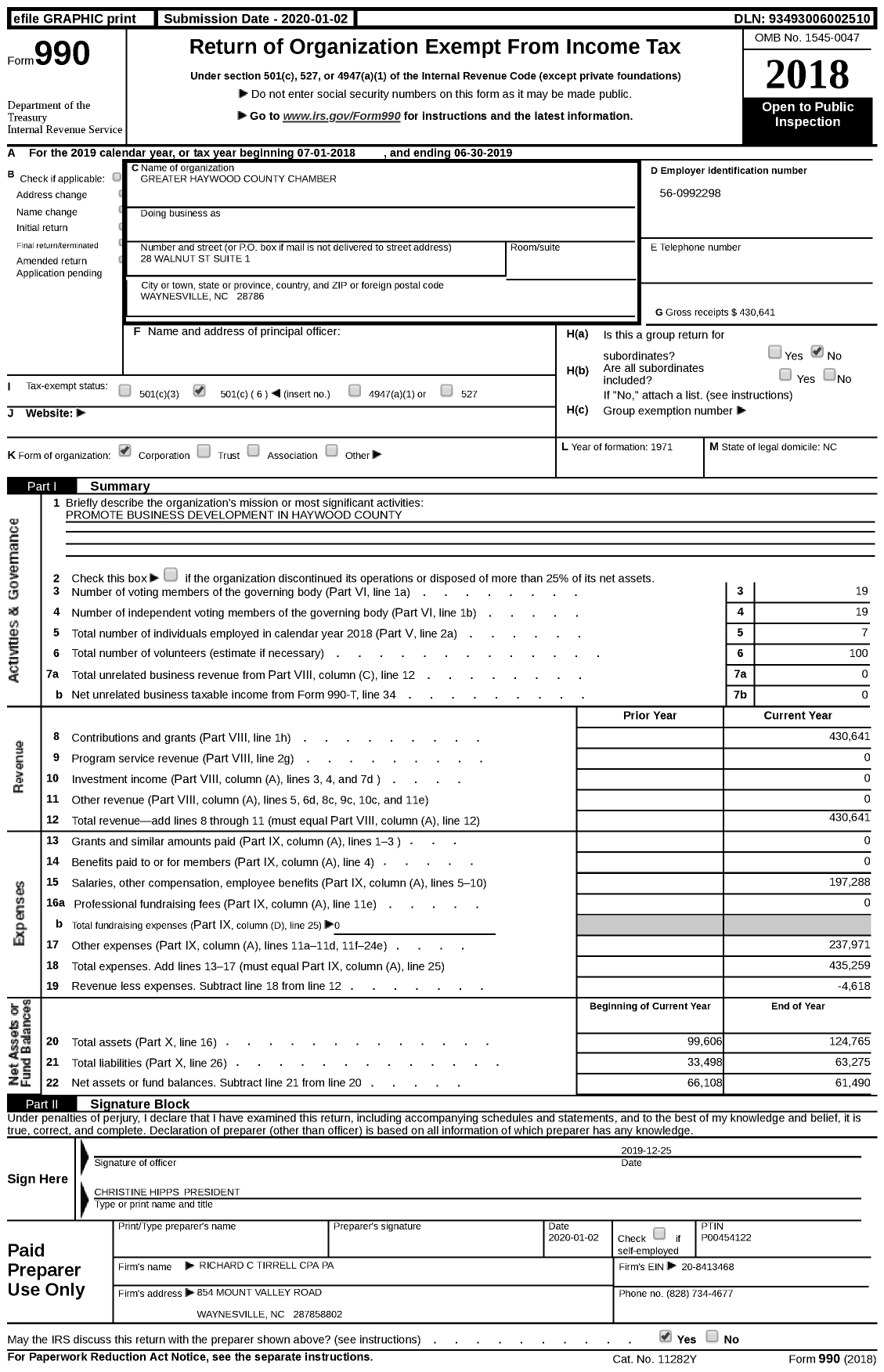 Image of first page of 2018 Form 990 for Greater Haywood County Chamber