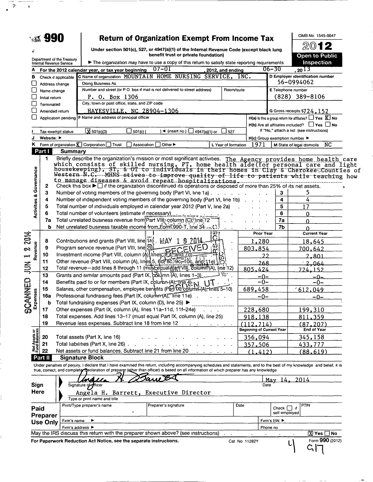 Image of first page of 2012 Form 990 for Mountain Home Nursing Service