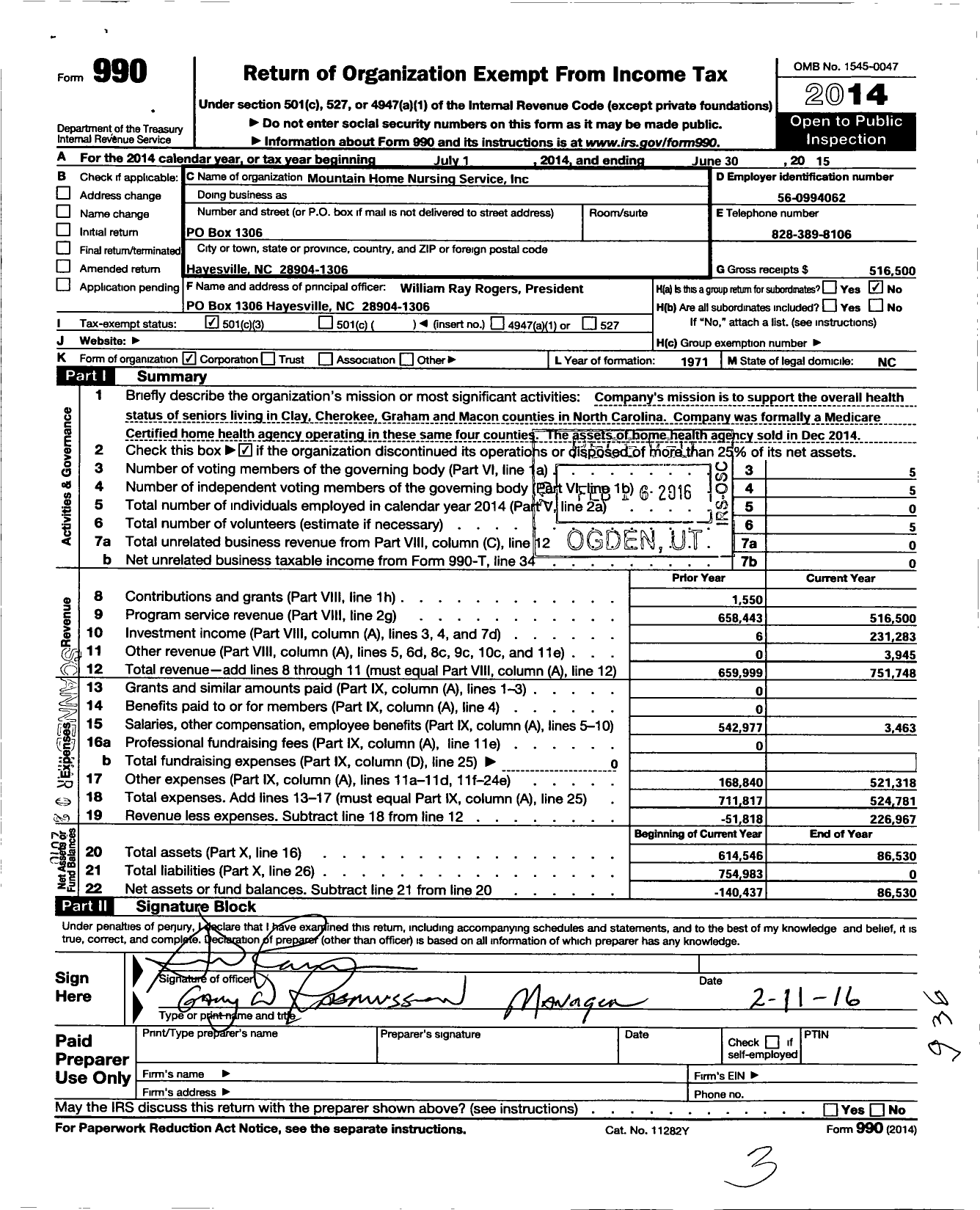 Image of first page of 2014 Form 990 for Mountain Home Nursing Service