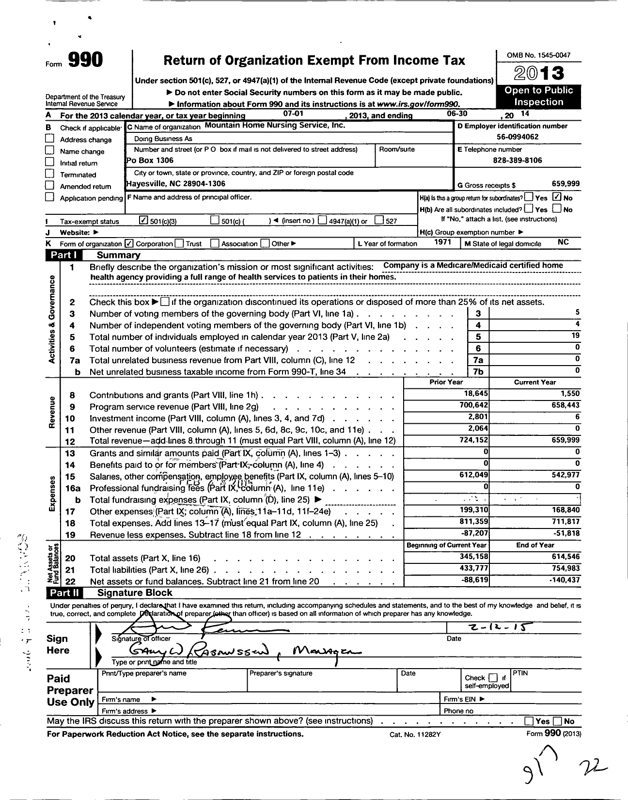 Image of first page of 2013 Form 990 for Mountain Home Nursing Service