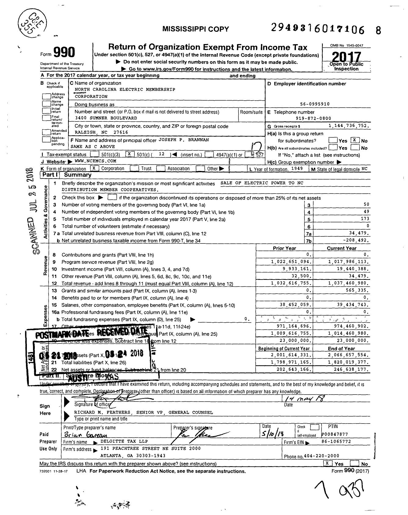 Image of first page of 2017 Form 990O for North Carolina Electric Membership Corporation