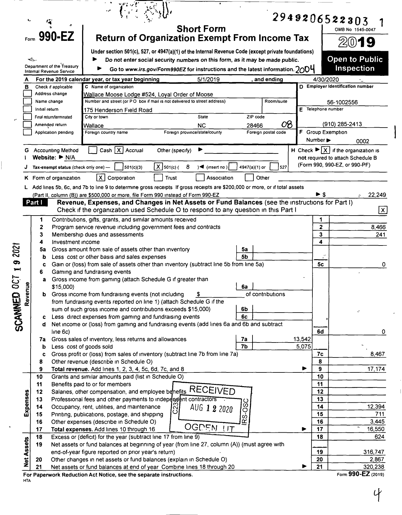 Image of first page of 2019 Form 990EO for Loyal Order of Moose - 524