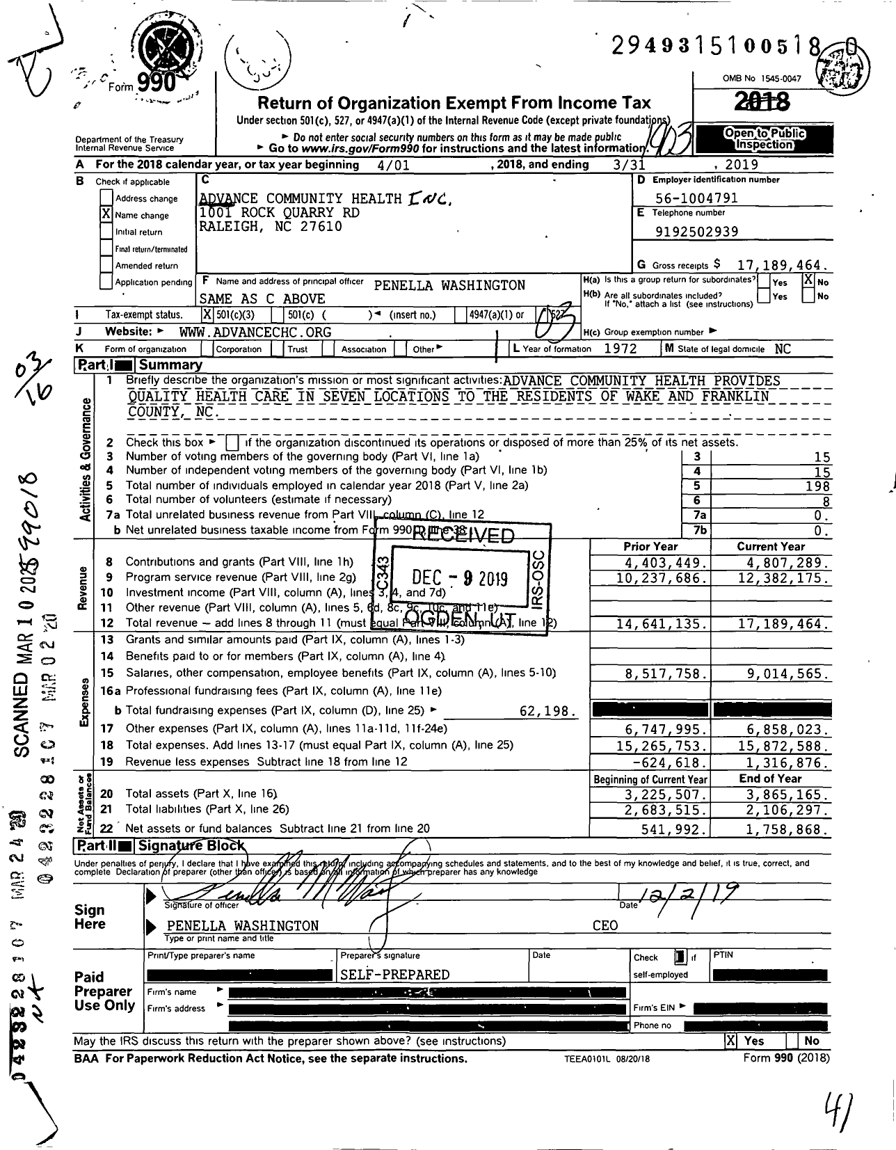Image of first page of 2018 Form 990 for Advance Community Health