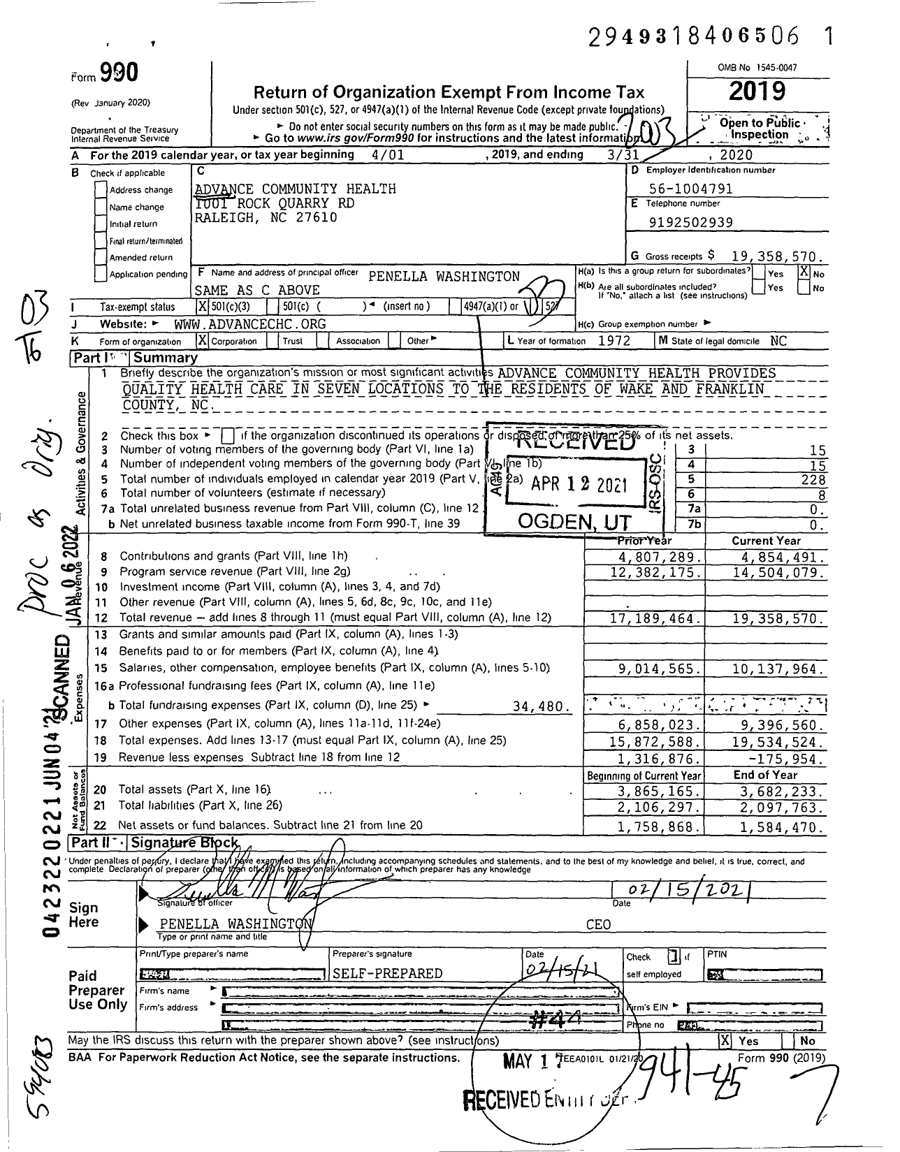 Image of first page of 2019 Form 990 for Advance Community Health
