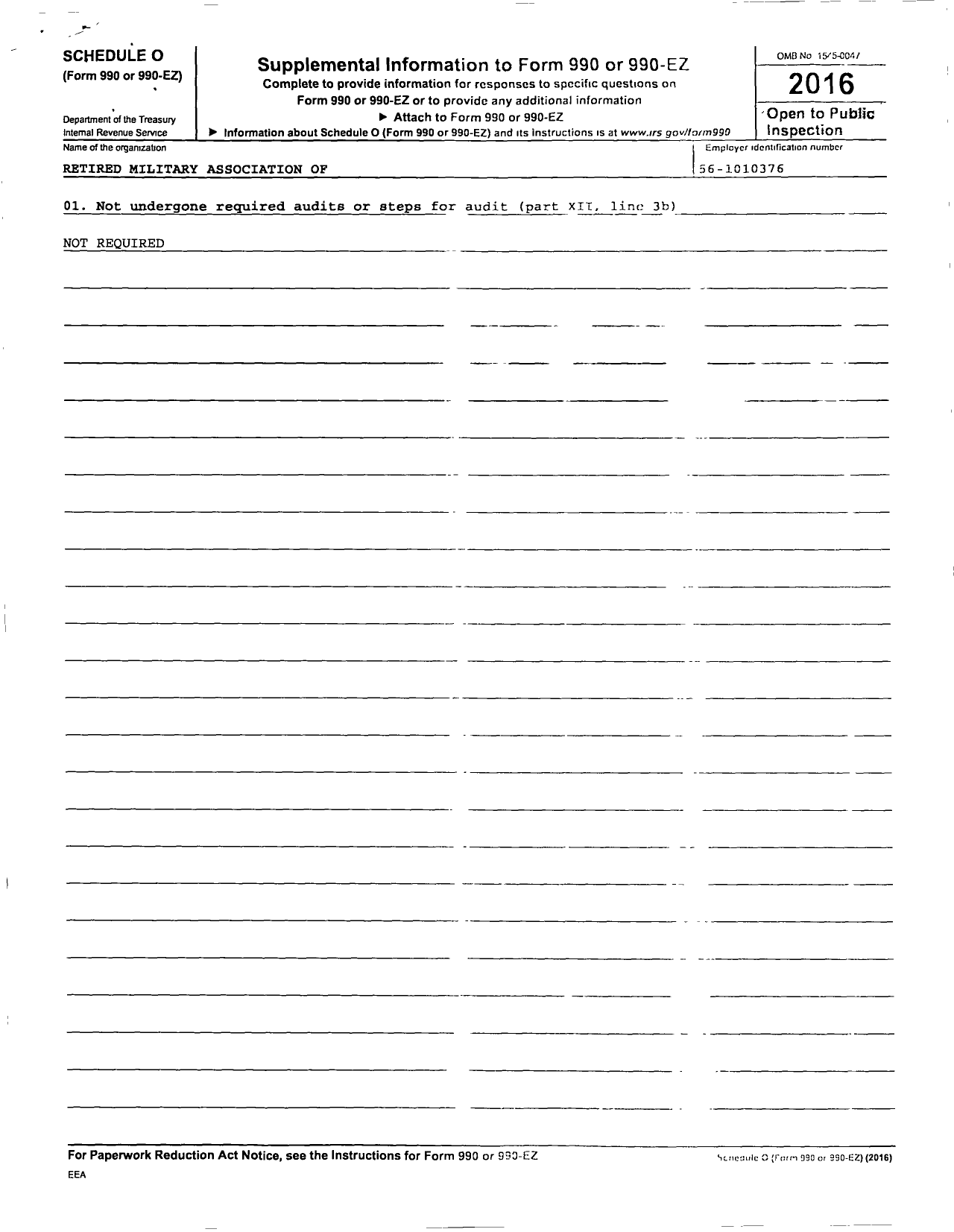 Image of first page of 2016 Form 990R for Retired Military Association of North Carolina