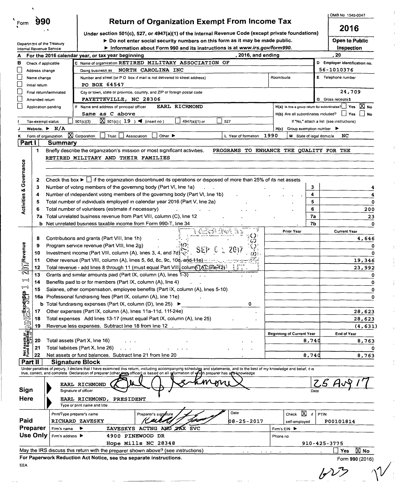 Image of first page of 2016 Form 990O for Retired Military Association of North Carolina