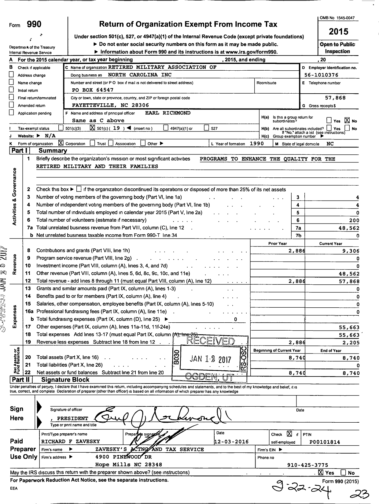 Image of first page of 2015 Form 990O for Retired Military Association of North Carolina