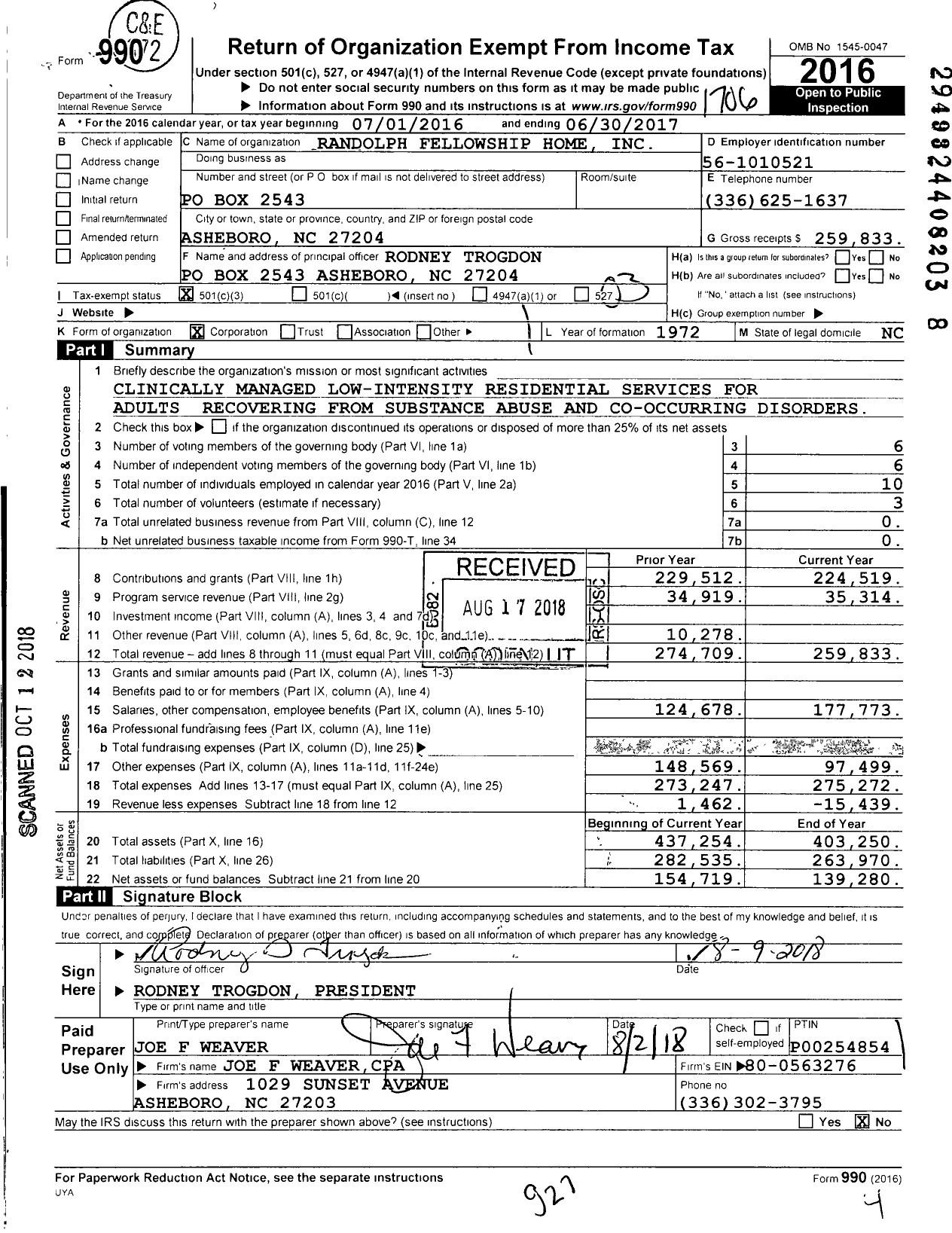 Image of first page of 2016 Form 990 for Randolph Fellowship Home