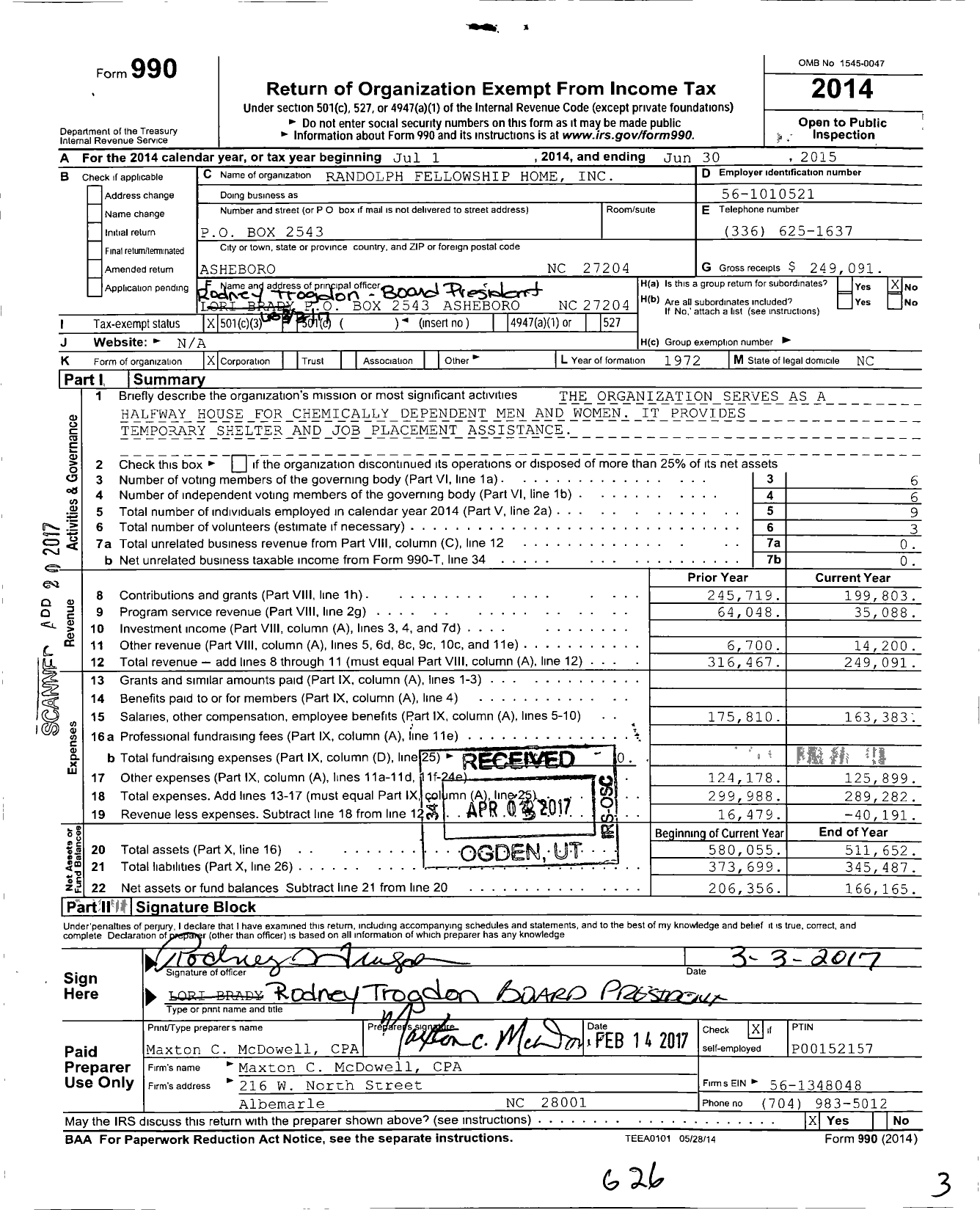 Image of first page of 2014 Form 990 for Randolph Fellowship Home