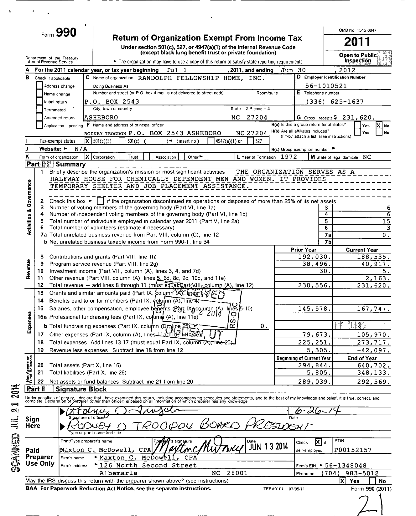 Image of first page of 2011 Form 990 for Randolph Fellowship Home