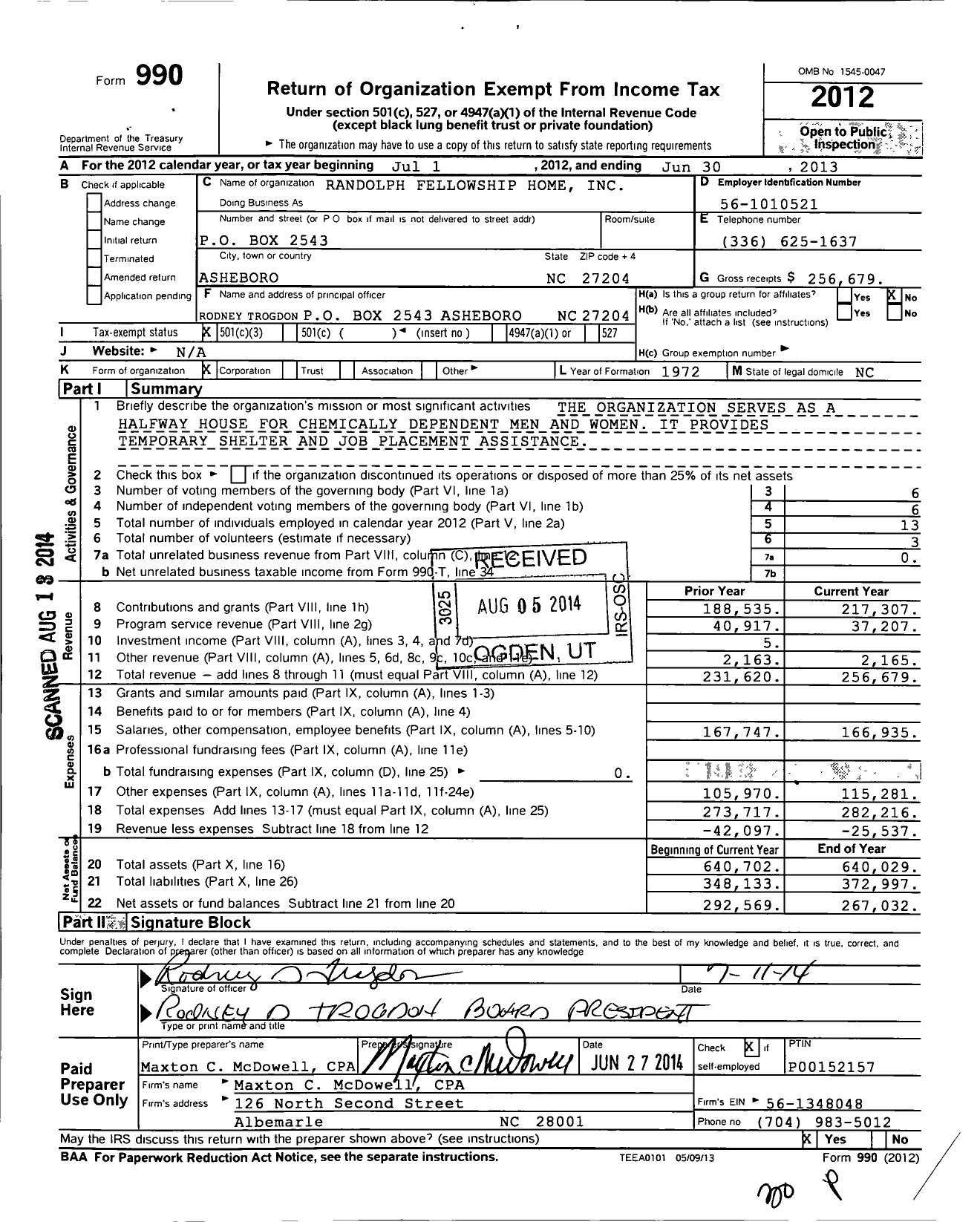 Image of first page of 2012 Form 990 for Randolph Fellowship Home