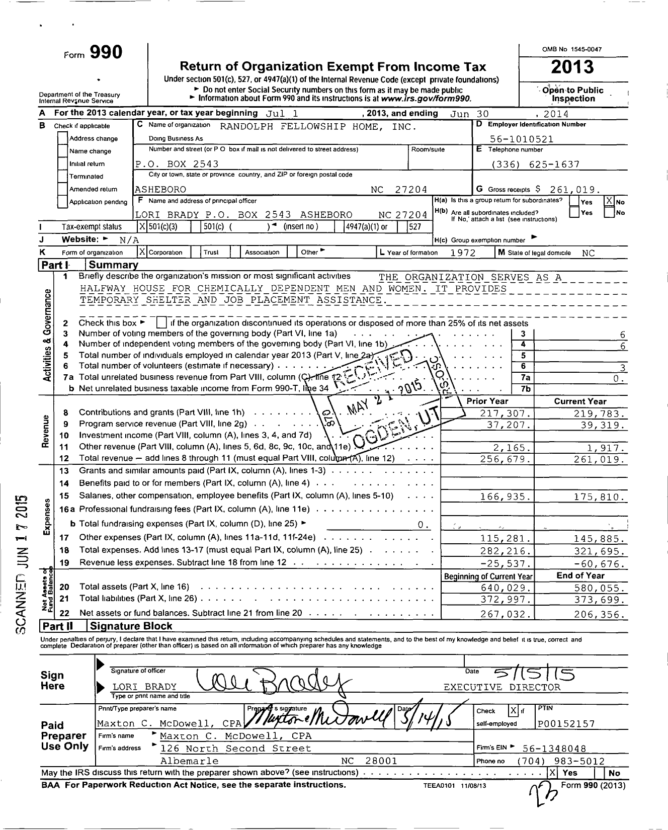 Image of first page of 2013 Form 990 for Randolph Fellowship Home