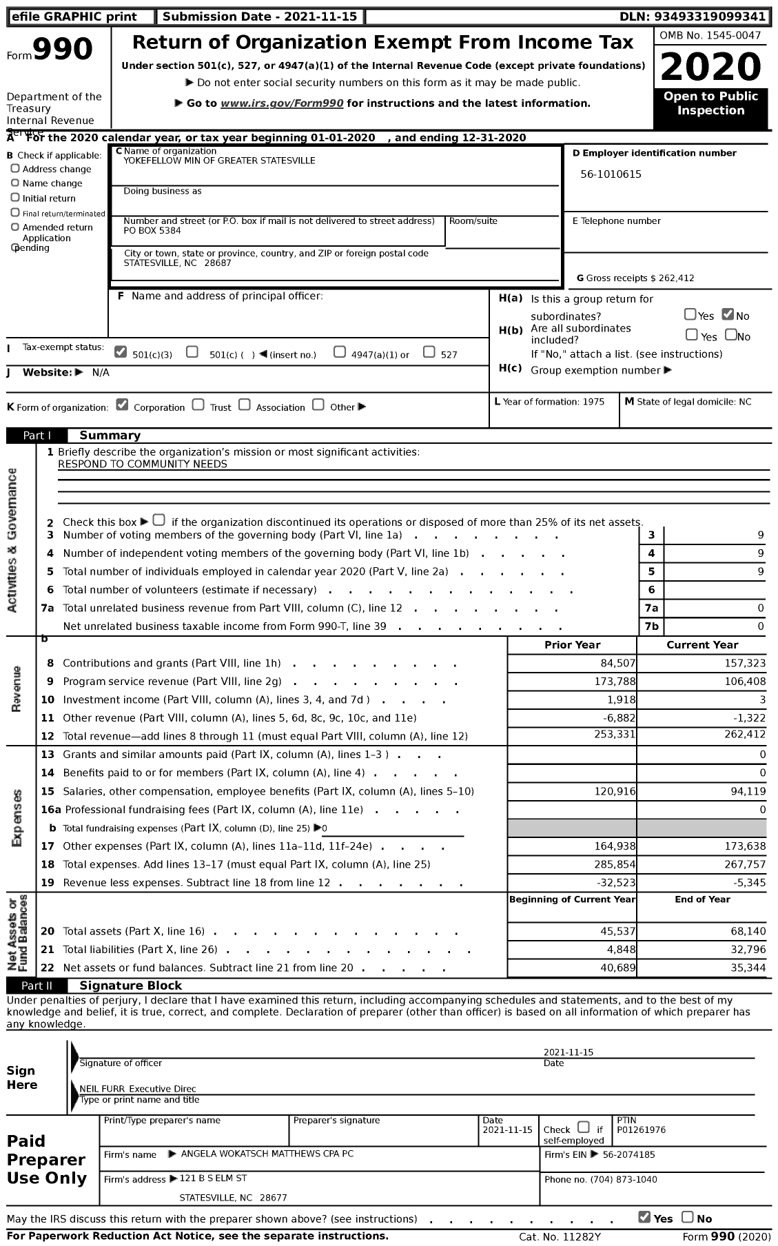 Image of first page of 2020 Form 990 for Yokefellow Min of Greater Statesville