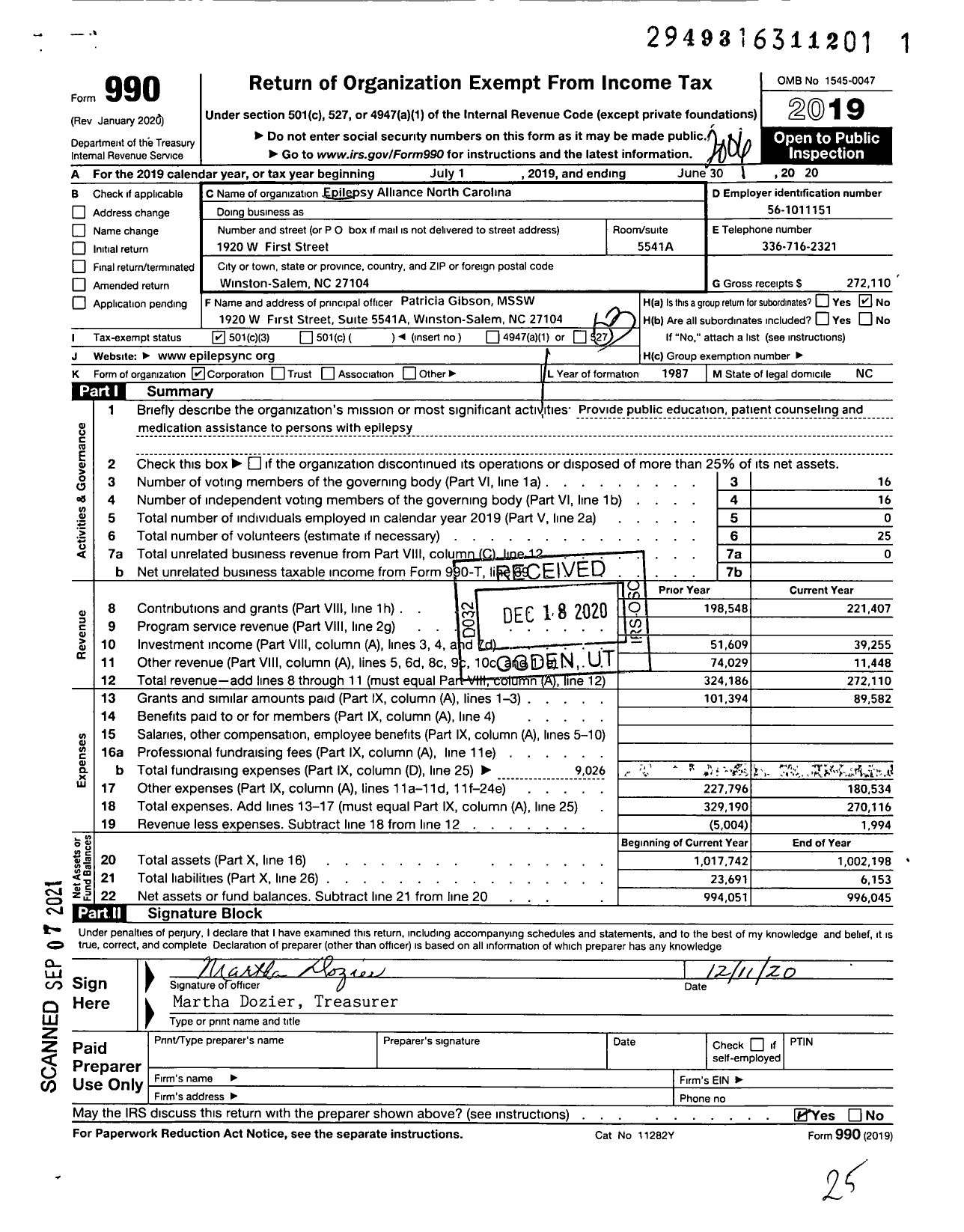 Image of first page of 2019 Form 990 for Epilepsy Alliance North Carolina