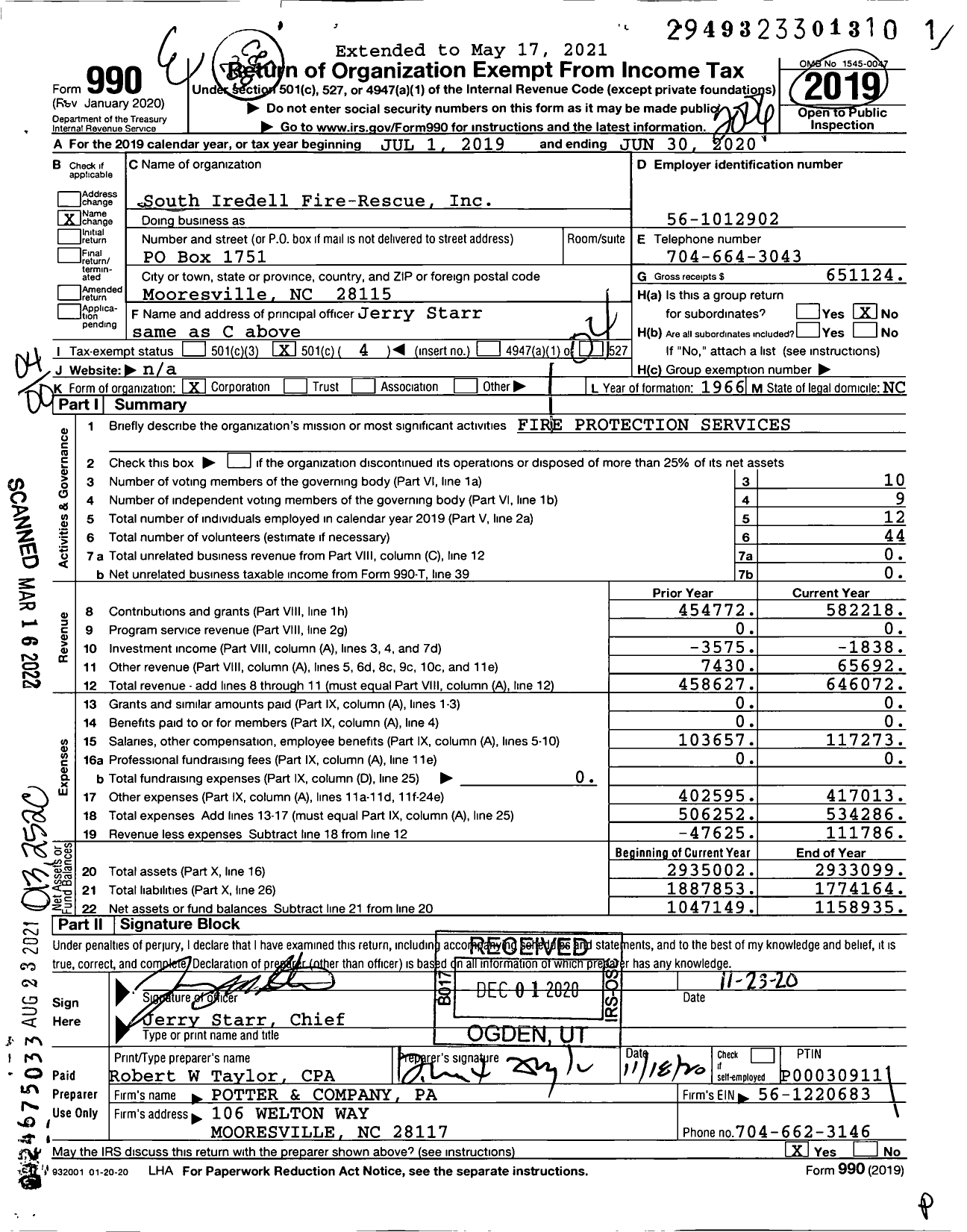 Image of first page of 2019 Form 990O for South Iredell Fire-Rescue