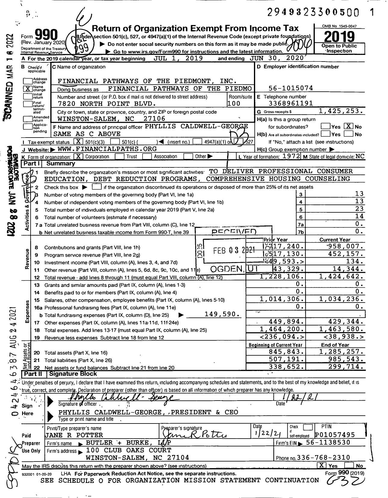 Image of first page of 2019 Form 990 for Financial Pathways of the Piedmont