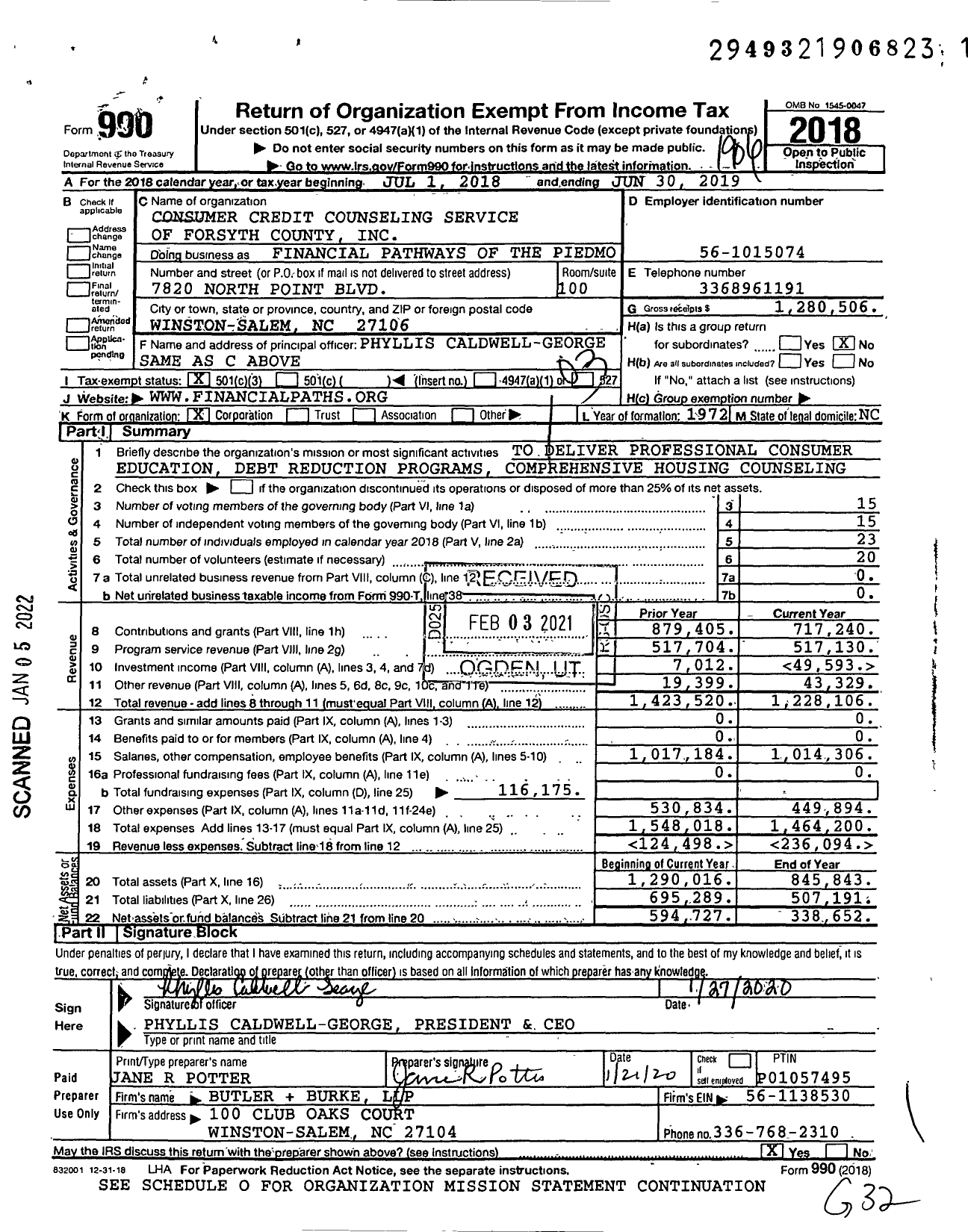 Image of first page of 2018 Form 990 for Financial Pathways of the Piedmont