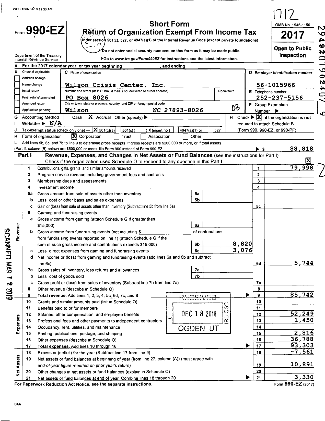 Image of first page of 2017 Form 990EZ for Wilson Crisis Center